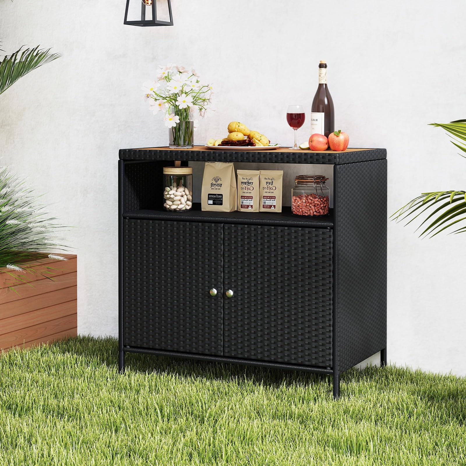 GIANTEX Armoire de jardin buffet en rotin avec plan de travail et étagère, armoire d'appoint pour jardin, balcon et piscine, 90 x 53 x 86 cm, noire