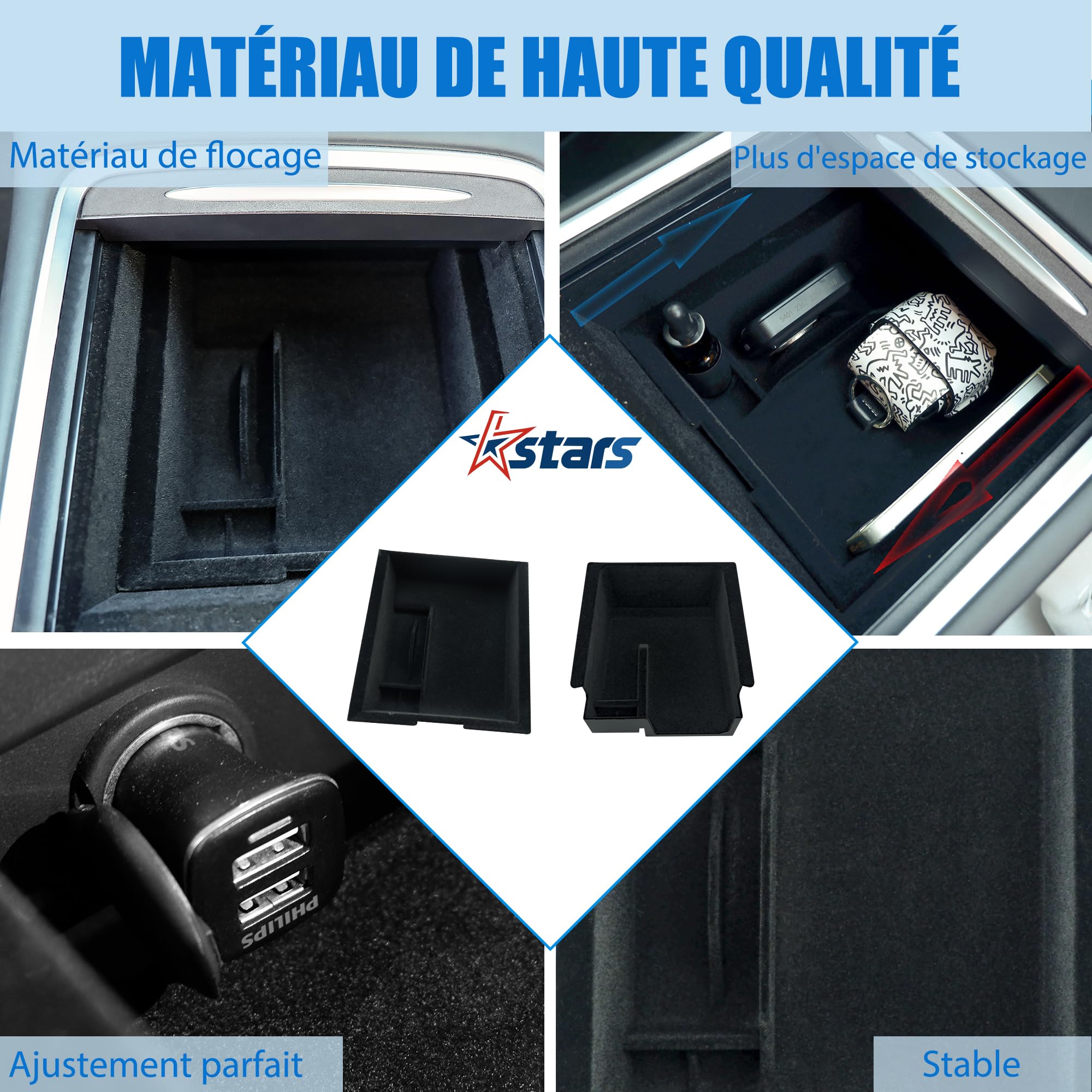 Kstars 4PCS Organisateur de Console Centrale Compatibles avec Modèle Y 2021-2024 Modèle 3 2017-2023 Plateau de Rangement Boîte de Rangement pour Accoudoir Boîte Cachée et Porte-gobelet