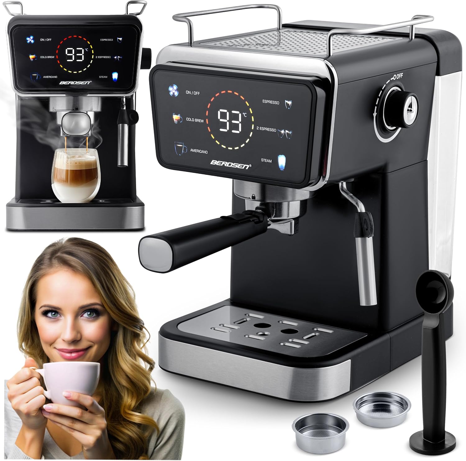 Berdsen Ekspres do Kawy - Kolbowy - 1,5 l 20 bar - Spieniacz do Mleka - 2 Filtry - Cool Espresso - Czarny