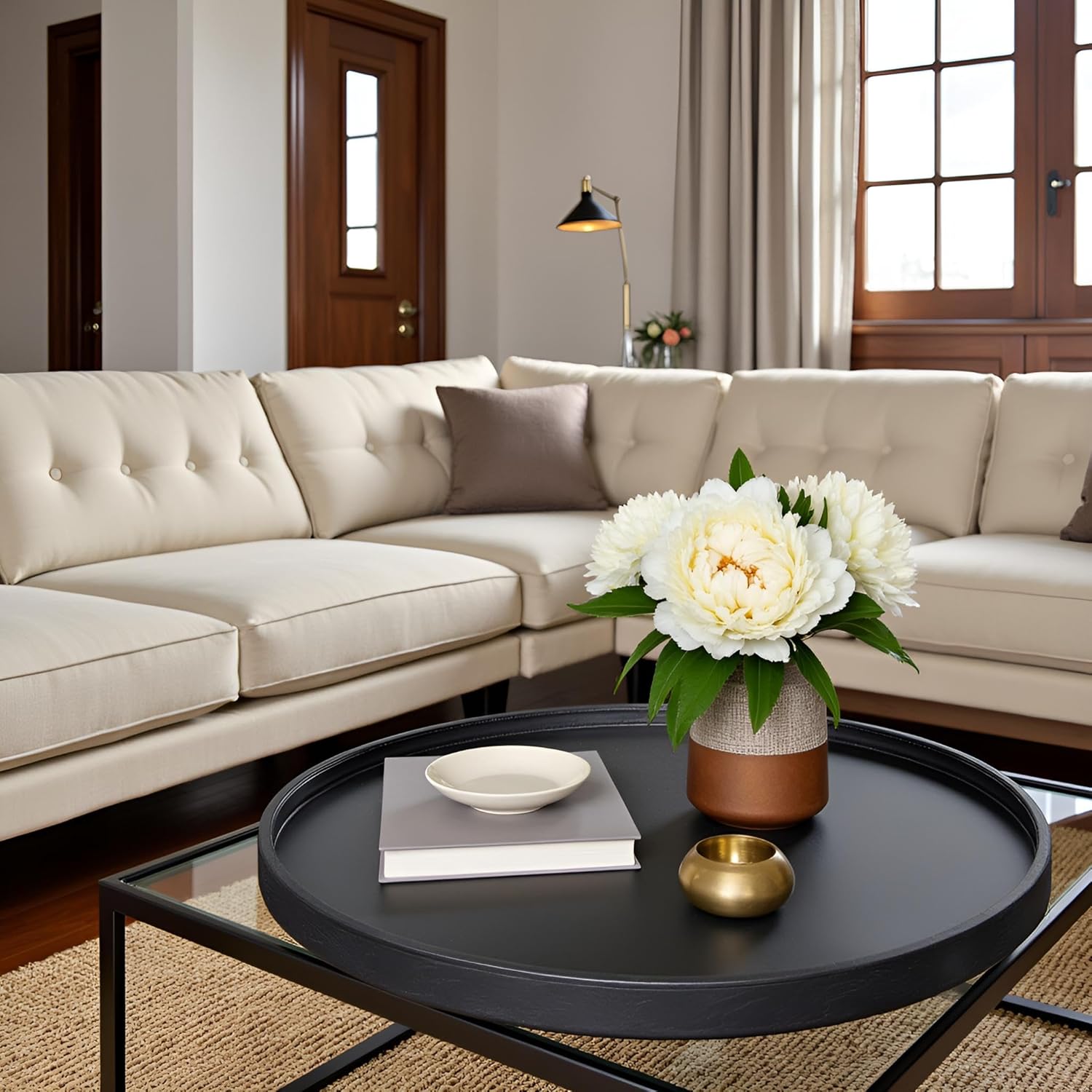 30 x 30 High-End Light Luxury Leather Round Oversized Tray - Ottoman Coffee Food Serving for Family Dinner, Outdoor Picnic & Party Essentials | Versatile Home Decor Tray(30 inch Black)