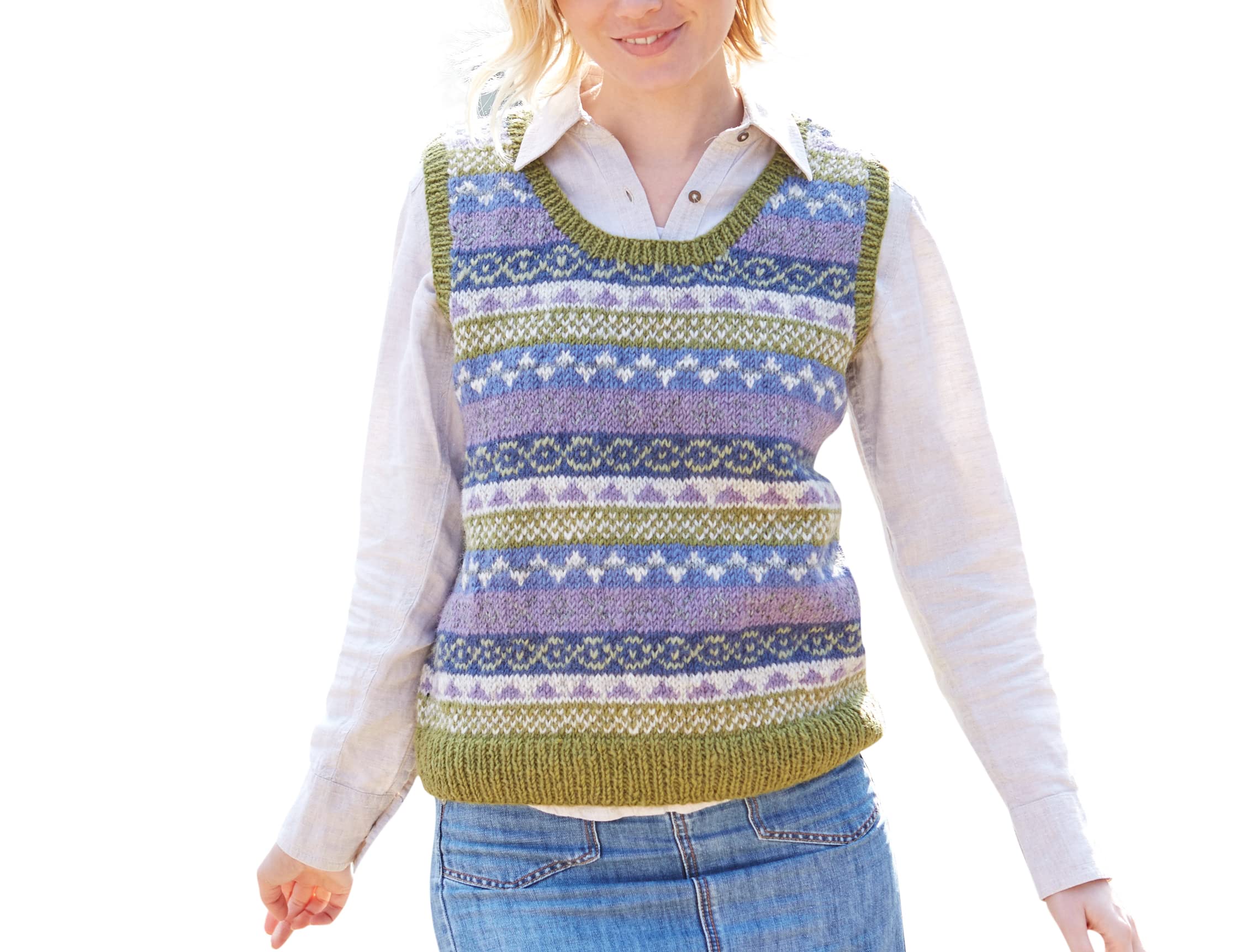 Pachamama Women Wool Tank Top Handknitted Fair Isle Natural Colours Handmade Extra Warm Sleeveless Jumper Fair Trade (Med UK 12-14, Olive)