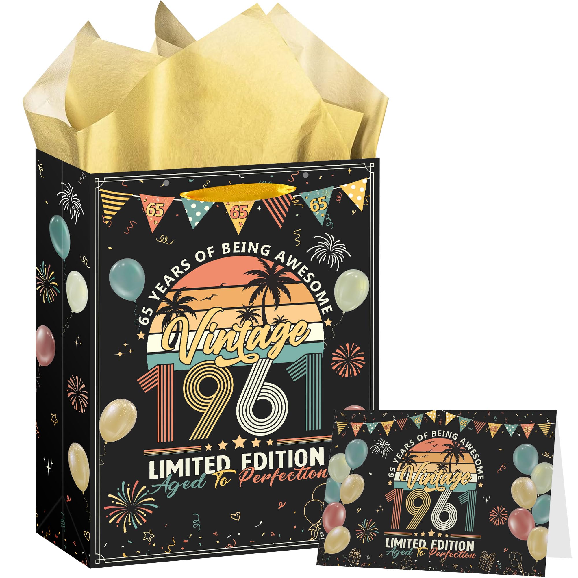 65th Birthday Gift Bag with Greeting Card and Tissue Paper, 1961 Rainbow Birthday Presents for Dad, Grandad, Husband, or Friend, Perfect for Any 65th Celebration