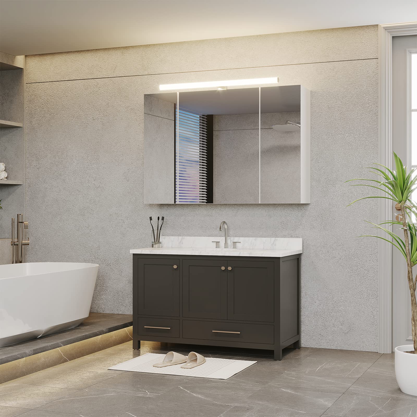 DICTAC Armario con Espejo baño con iluminación LED,Enchufe para máquina de Afeitar 90x60x16cm Armario de Pared con 3 Puertas y Estantes Ajustable con Mucho Espacio de Almacenamiento,Blanco