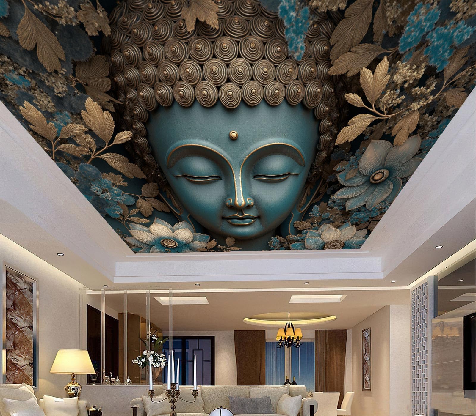 Pared Papel 3D Seda Papel Pintado Murales Plantas Y Flores Estatua De Buda Con Flores, Dormitorio Sala Tv Fondo Decoración De Pared Decorativos Fotomurales Murales Turquesa, 350 x 256 cm