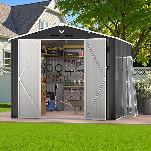 10x12 FT Outdoor Storage Shed, Metal Garden Shed - Tool Storage Sheds with Lockable Doors, Waterproof Outside Storage Building for Backyard, Patio (Black; Floor Not Included)