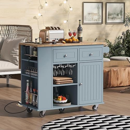 LUMISOL Rolling Kitchen Storage Island on Wheels with Power Outlet, Kitchen Island Cart with Drop Leaf and Rubber Wood, Mobile Kitchen Cart with Wine Rack, for Kitchen Dining Room, Grey Blue