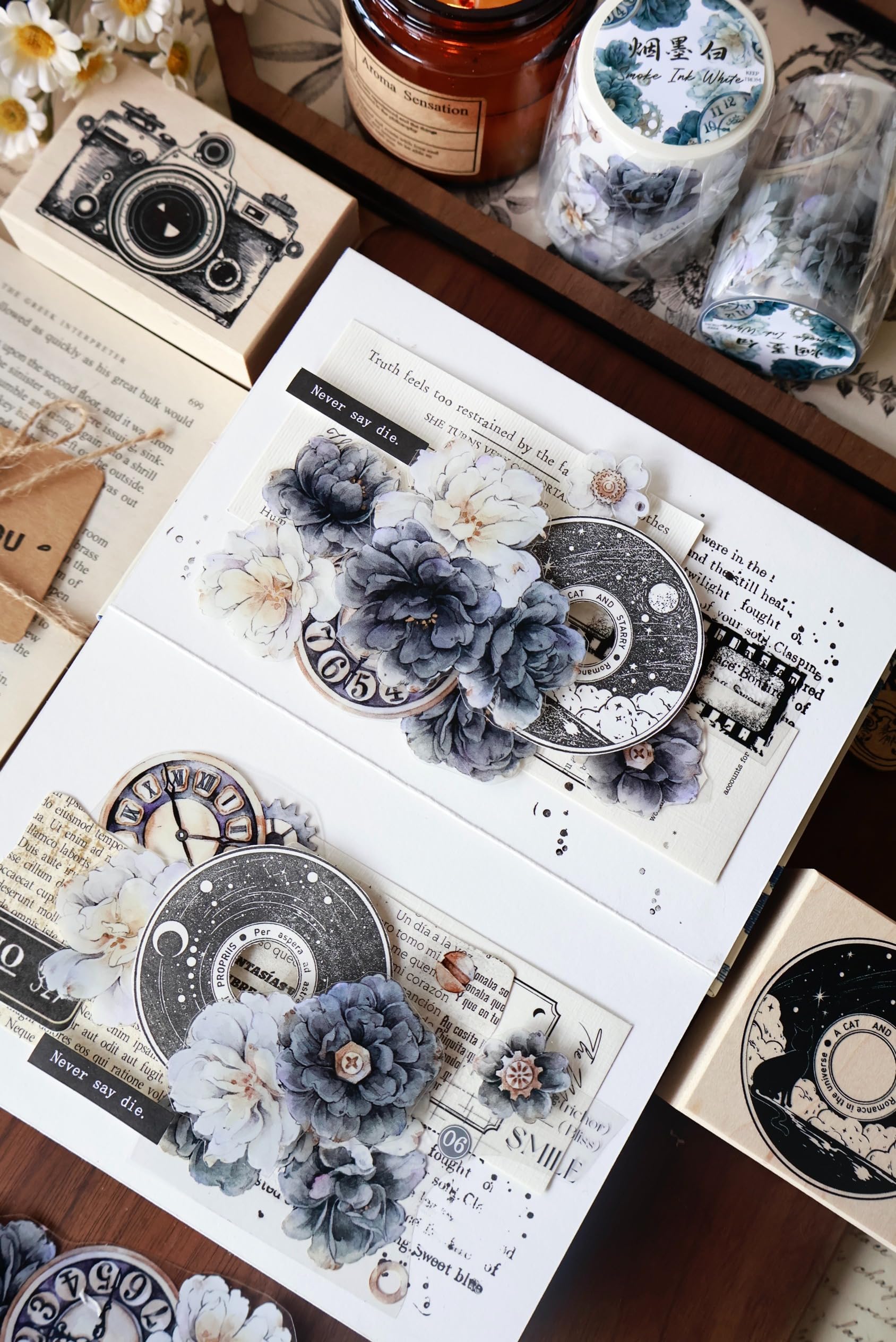 YiEr Vol13 Smoke Ink White,Floral Taiwan Washi Paper PET Tape Stickers,Original Design,for Scrapbook Supplies,Scrapbook Tape Stickers,Junk Journal Supplies