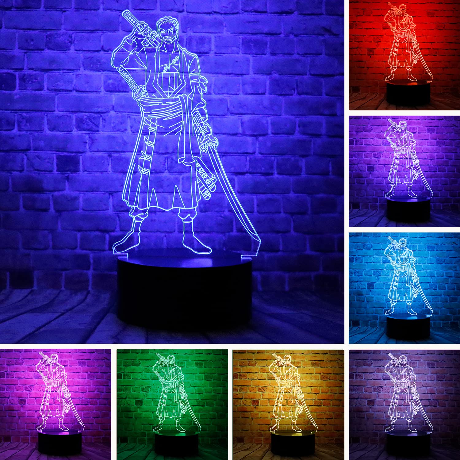 Cartoon One Piece Hero Roronoa Zoro Monkey·d·luffy Paramount War Japanese Anime Figure 3D LED Bedroom Decor Table Lamp with Remote 7 Colors Sleep Night Light Birthday Gifts for Kids