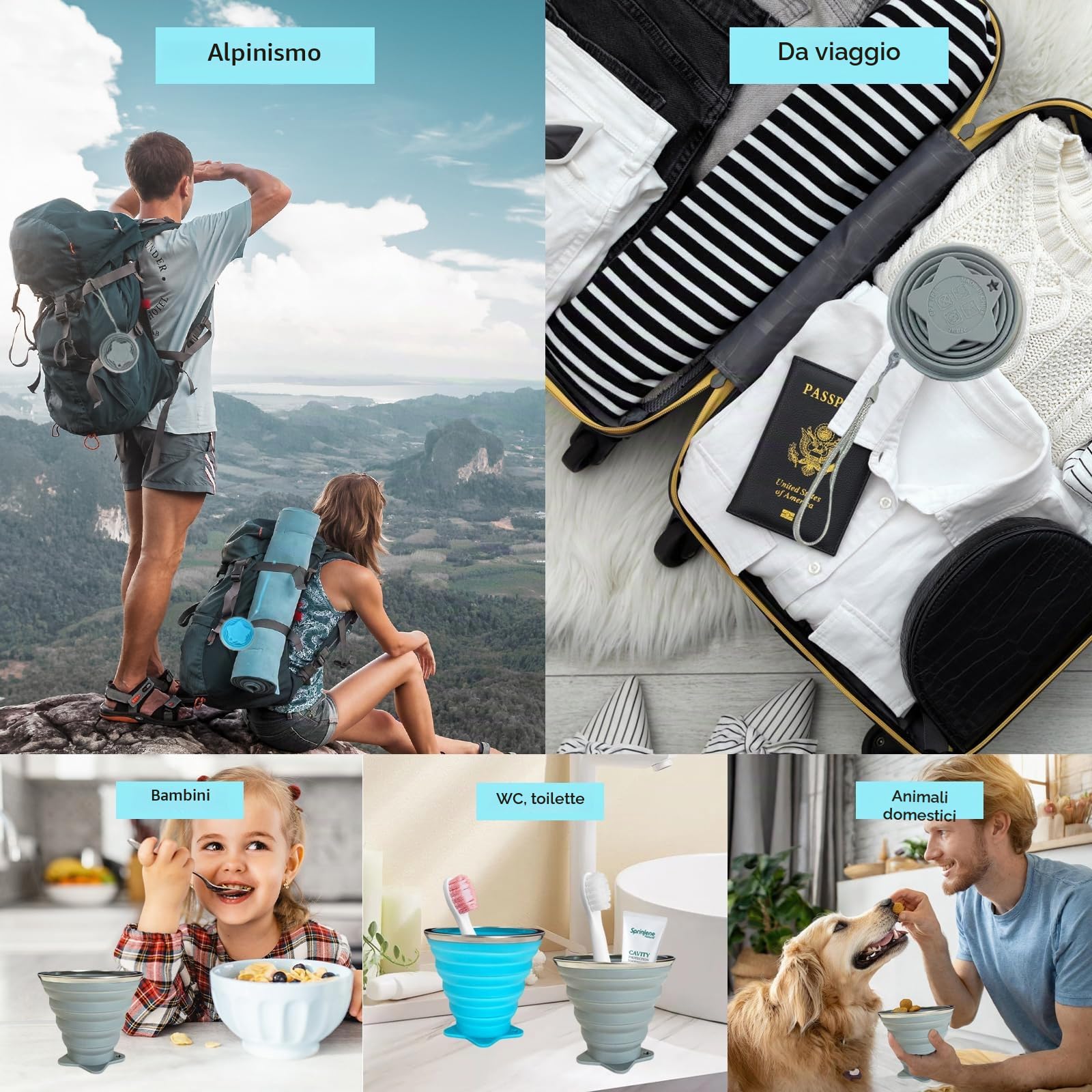 2 Tazze Pieghevoli Silicone 270ml con Coperchio & Gancio, Bicchiere Portatile Campeggio, Escursione, Viaggio, Trekking, Riutilizzabile, duo color set