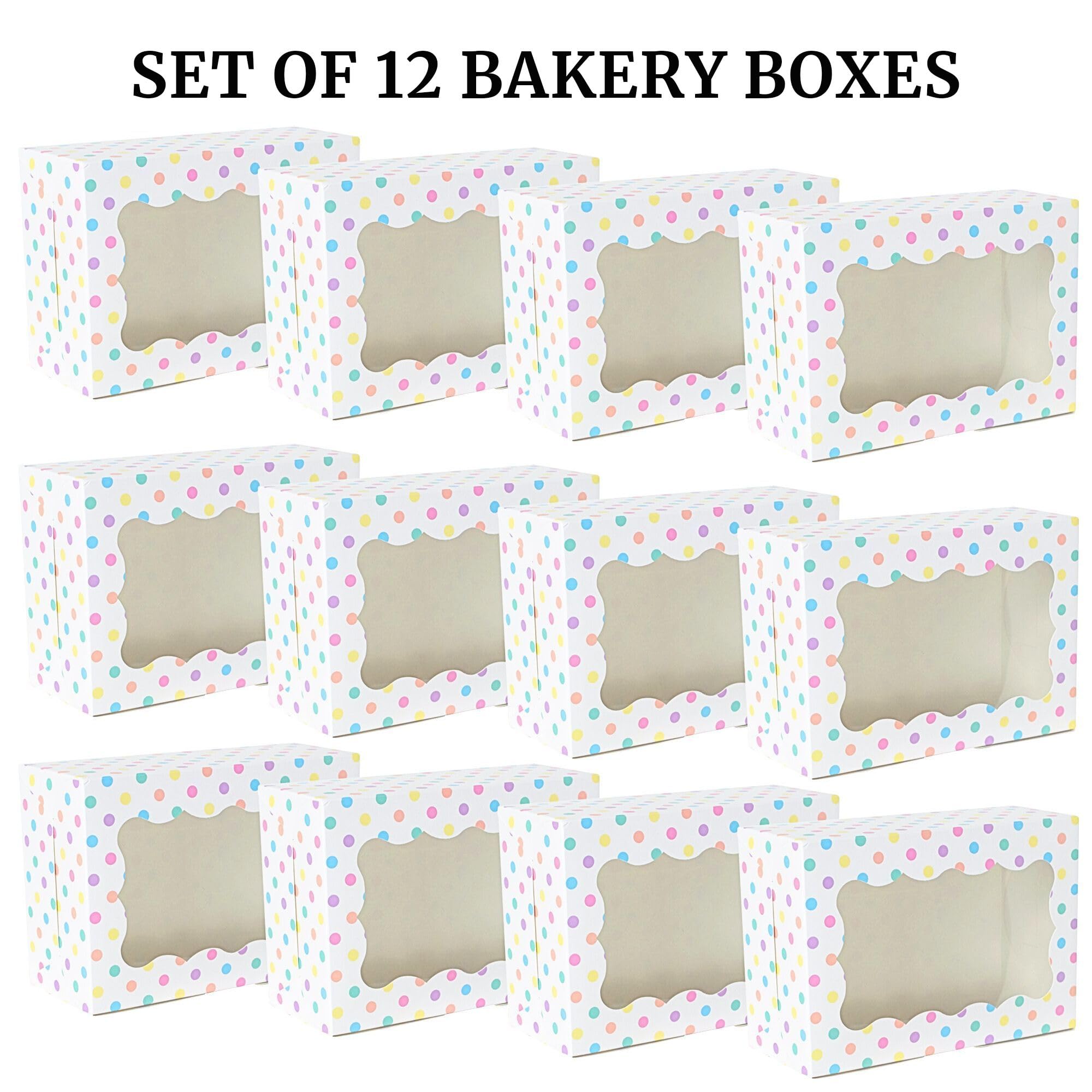 Cajas de galletas de lunares, paquete de 12 unidades, cajas de galletas de lunares pastel con ventana, bonitas cajas de regalo de panadería coloridas para cumpleaños, cupcakes, pasteles, fresas