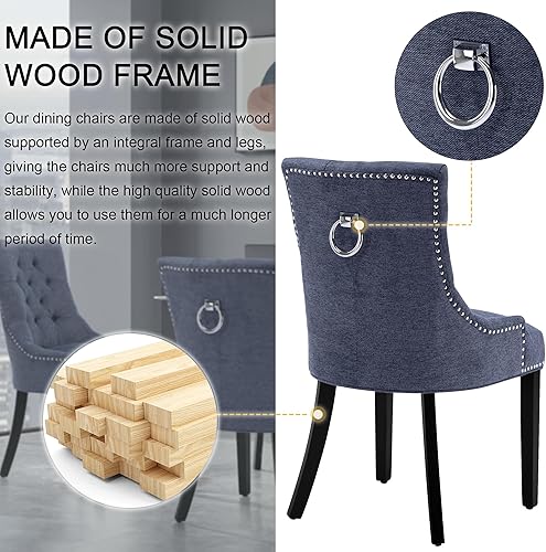 Miniatura 8 de Sillas de comedor tapizadas con brazos, juego de 2, sillas de comedor con patas de madera maciza y respaldo copetudo (lino + azul)