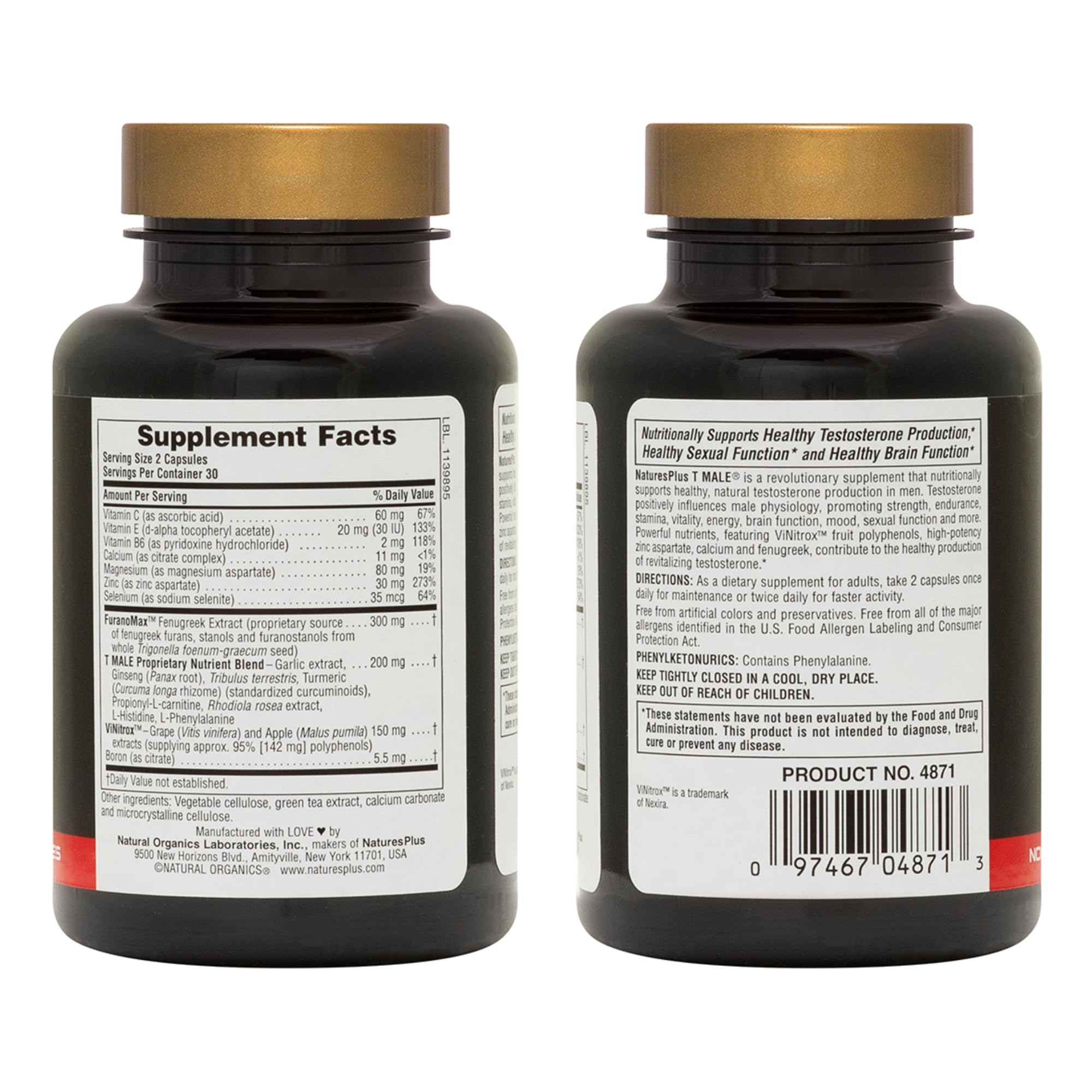 NaturesPlus T-Male - 60 Vegetarian Capsules, Pack of 3 - With Ginseng, Rhodiola & FuranoMax - Gluten Free - 90 Total Servings — Amazon image 2