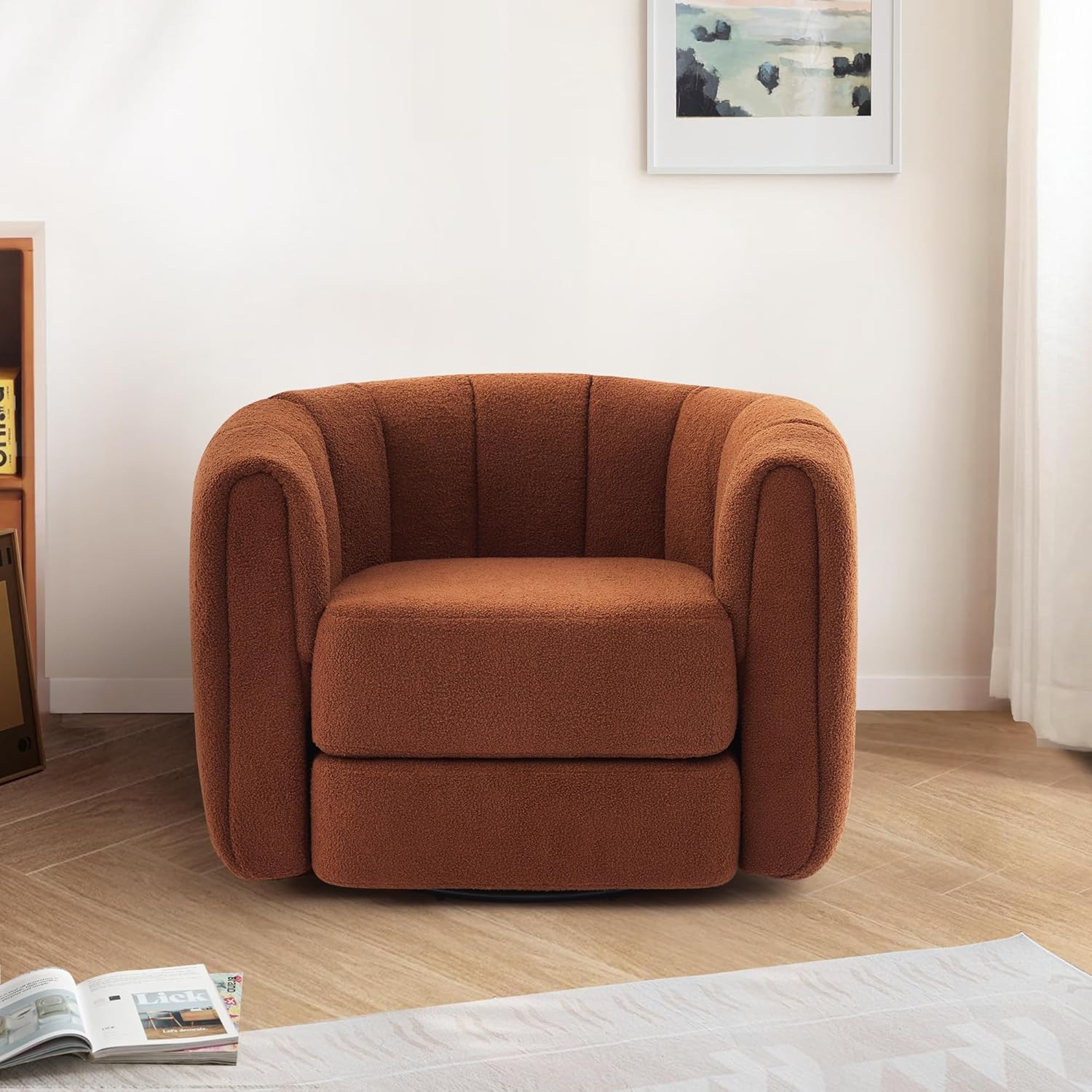 Eafurn 360° Swivel Accent Chair Furry Barrel Armchair, Boucle Upholstered Leisure Lounge Sofa Reading Chair Oversized Padded Armchair with Thickness Cushions and Tufted Design for Living Room Bedroom
