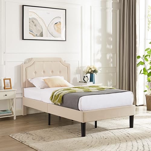 Miniatura 4 de VECELO Base de cama de plataforma tapizada individual con cabecera de panel cosida con botón ajustable, soporte de listones de madera fuerte, diseño