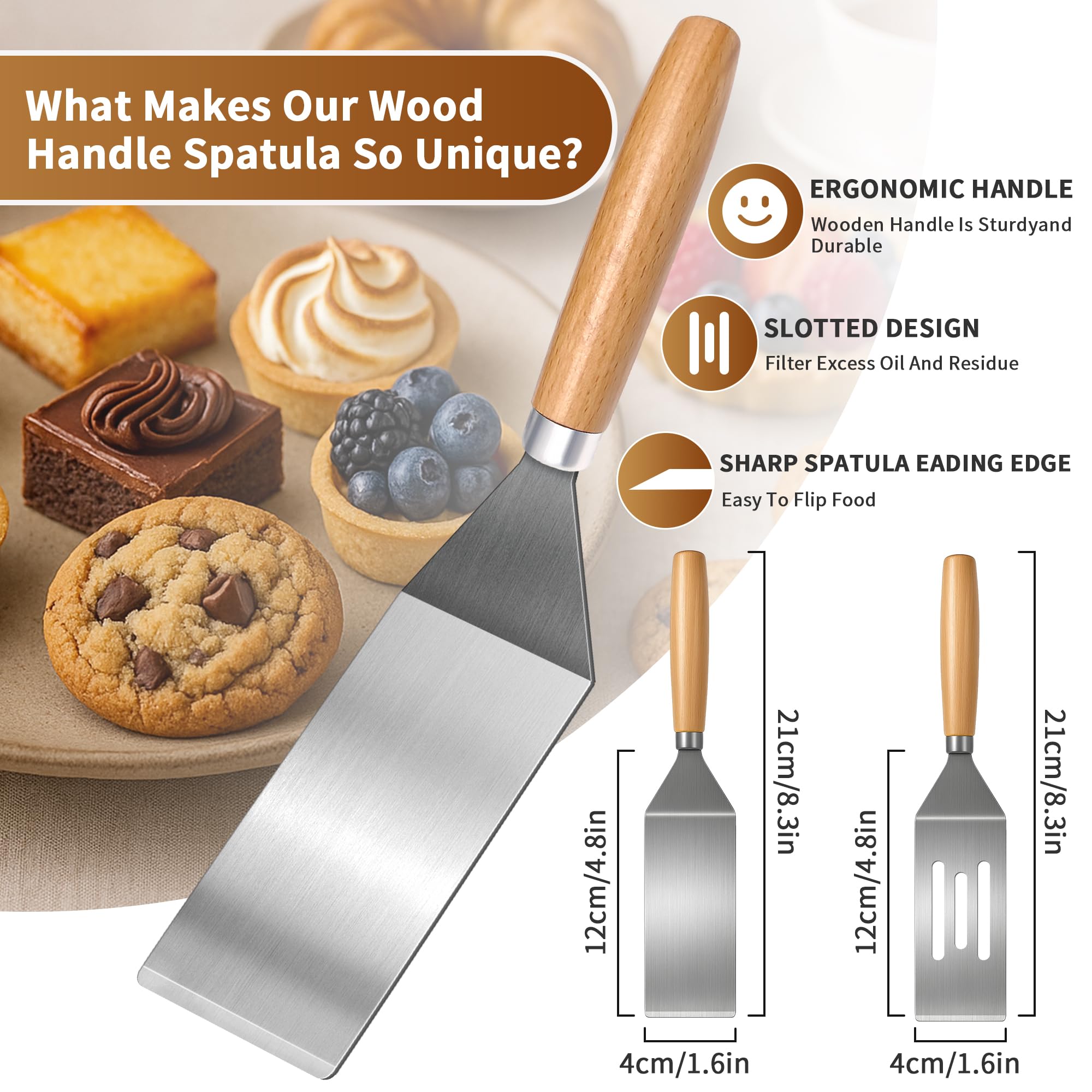 Juego de espátulas pequeñas de acero inoxidable de 2 piezas con asas de madera, ideal para voltear, cocinar y servir. Perfecto para brownies, tiramisú, galletas, lasaña y panqueques. 2