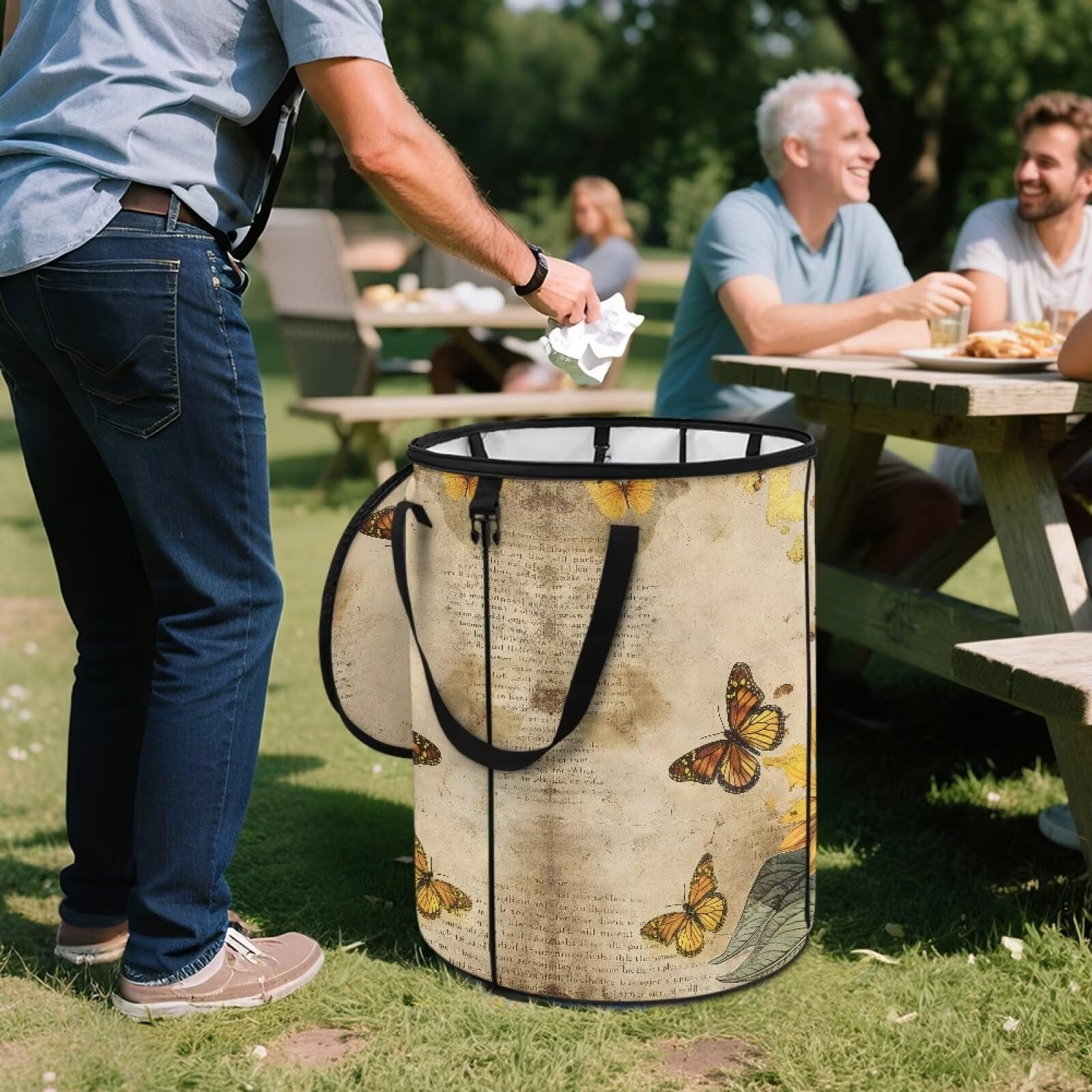 CREAMIC Butterfly Outdoor Trash Bin Collapsible Garbage Can with Handles Reusable Garbage Bag with Zipper Lid Camping Trashcan for Grass Clippings and Picnic Waste