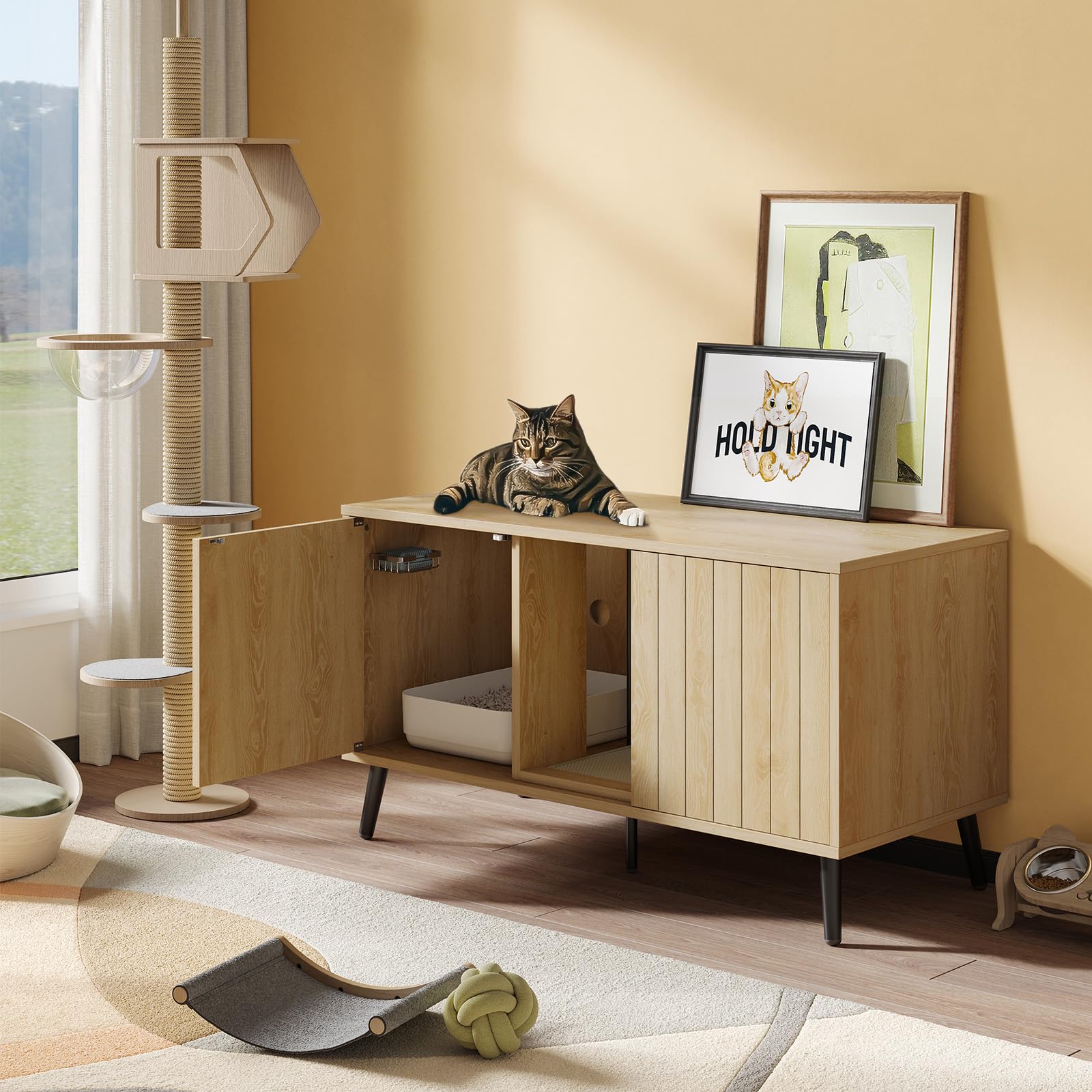 Bestier Cat Litter Box Enclosure for 2 Cats, 47.2" Hidden Double Cabinet Cat Washroom Furniture with Litter Mat, Dog-Proof Design, TV Stand for up to