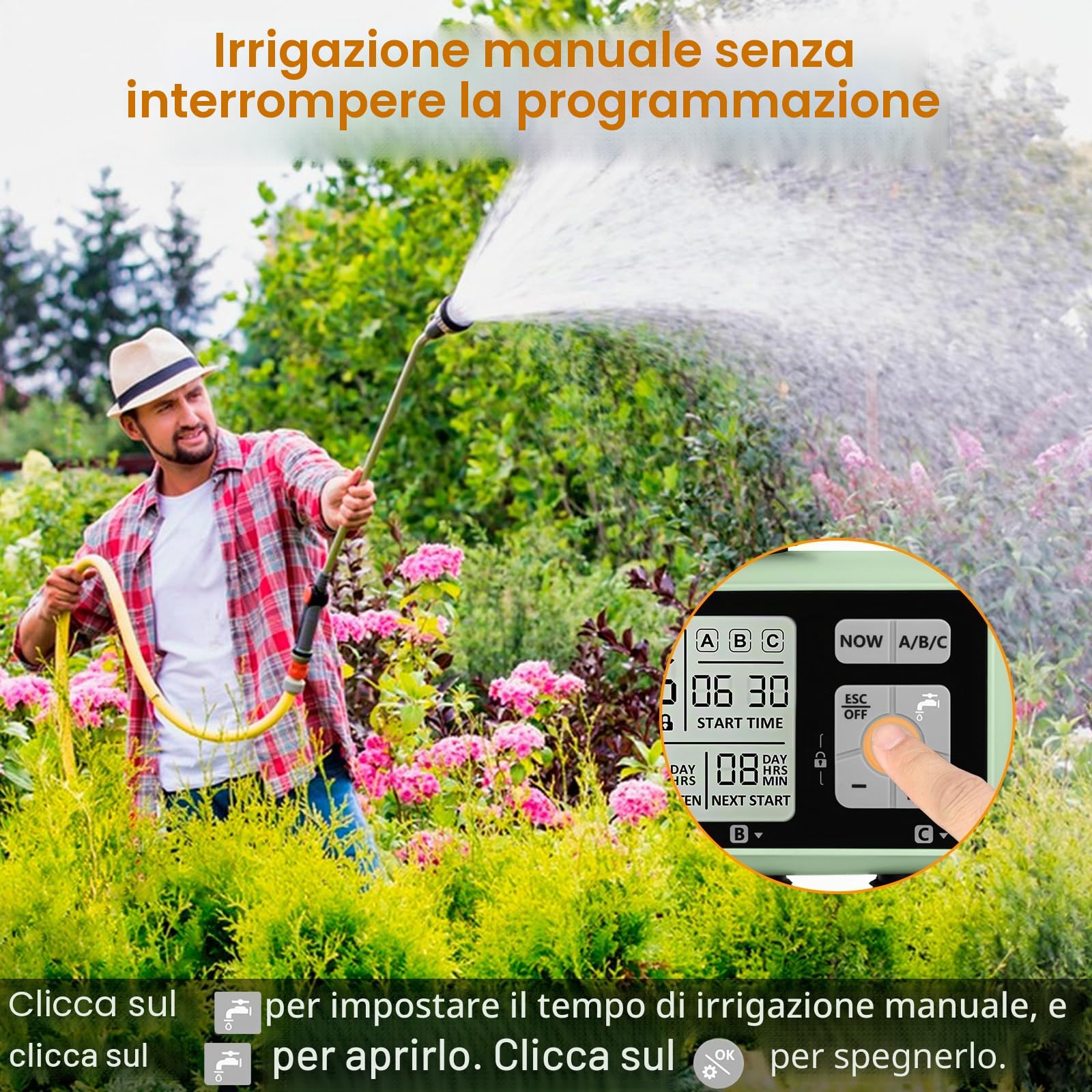 Temporizzatore di Irrigazione Automatico,Timer per l'irrigazione del Giardino con Display LCD,Temporizzatore di Irrigazione Manuale/Modalità Blocco Bambini/Ritardo Pioggia/Impermeabilità IPX5