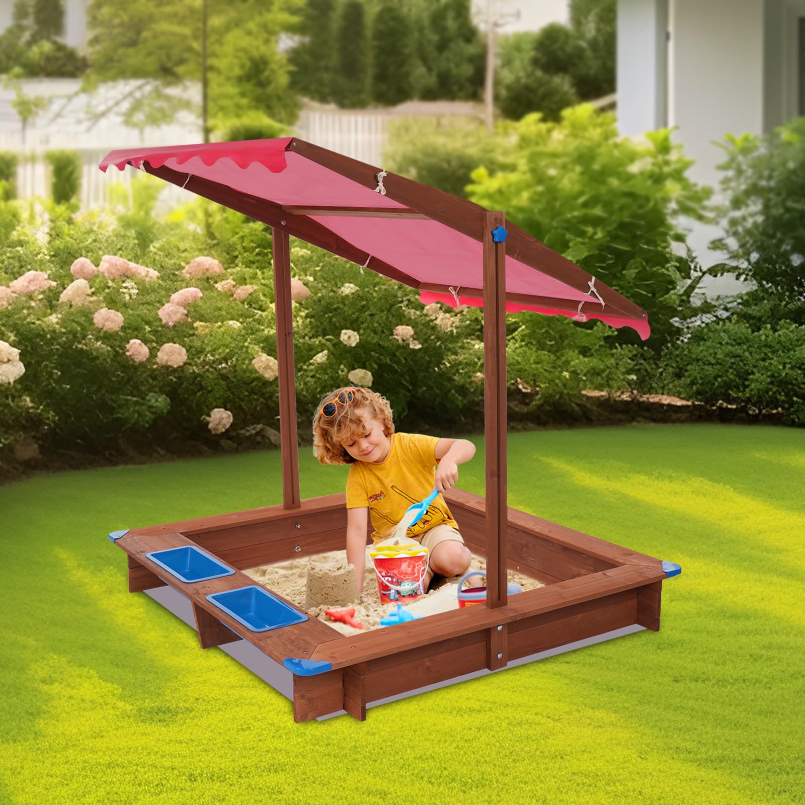 Sabbiera con tetto, 121 x 126 cm, in legno, girevole e regolabile in altezza, protezione sandbox con cucina fangosa, scatola di sabbia inclusa in tessuto non tessuto contro erbacce e parassiti,