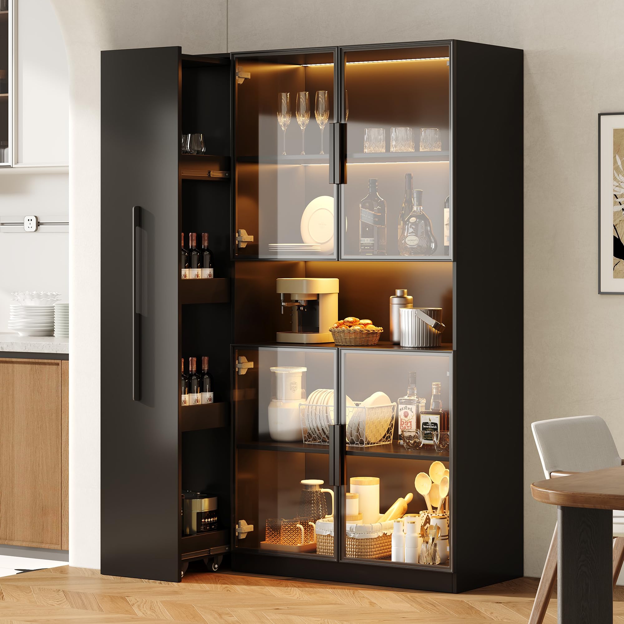 Multifunzionale Armadio 110×35×160 cm - Vetrinetta con Porta in Vetro e LED, Estrazione Laterale, Armadio a Ruote e Nero, Mobile Alto, Libreria, Armadio per Bagno, Credenza per