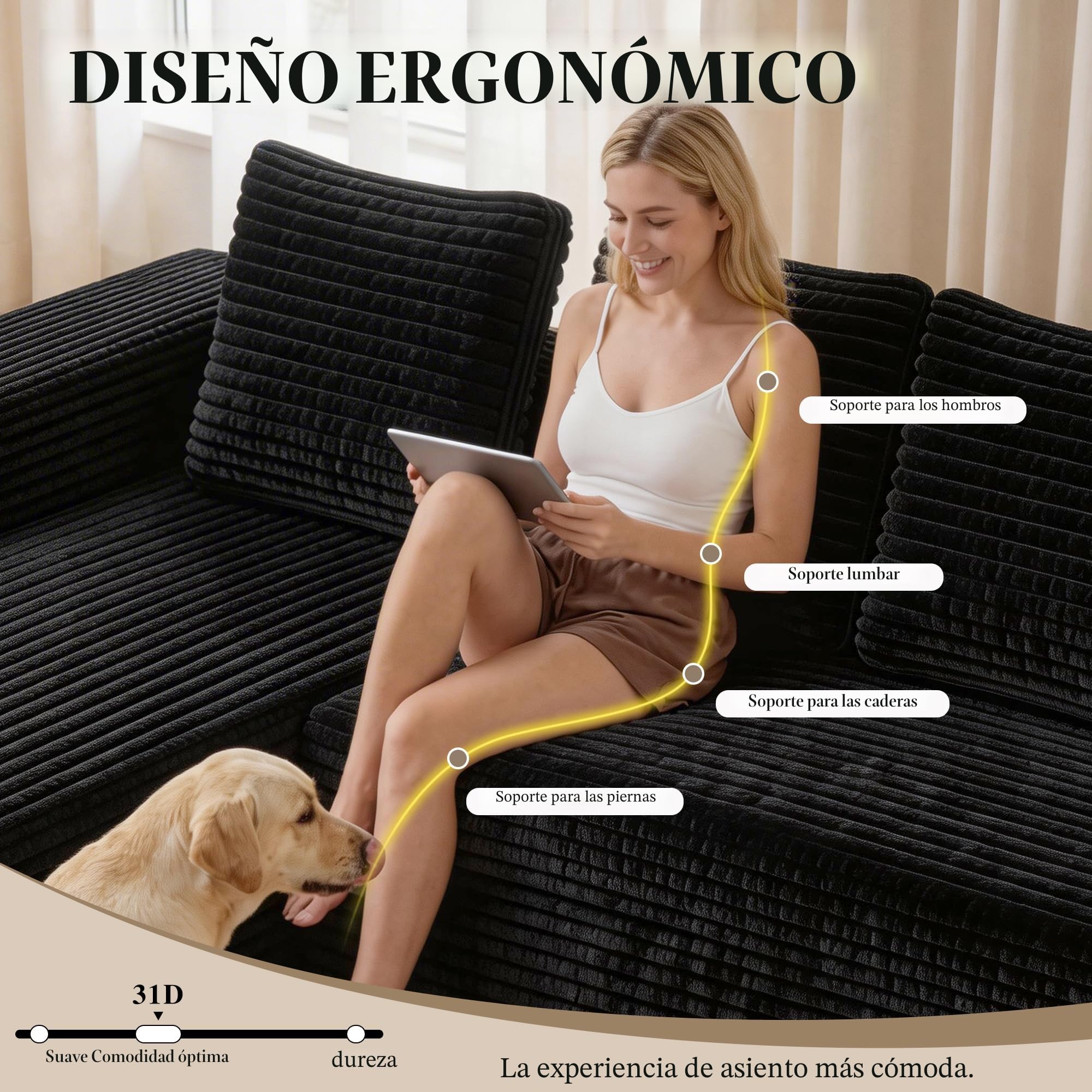 Sofá esquinero en forma de L, sofá de 4 plazas con meridiana y 4 cojines, sofá de pana, sin montaje, para salón y apartamento (Negro)