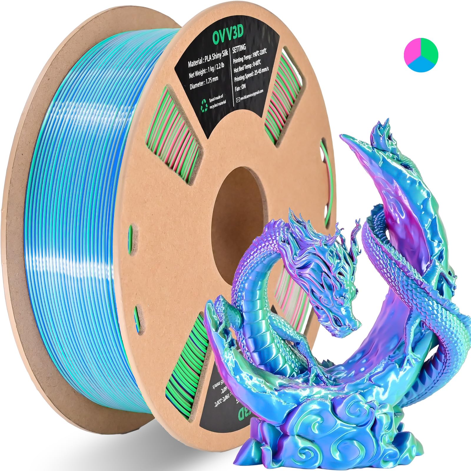 OVVNYXE OVV3D PLA Filament 1.75mm Tri-Colors, 3D Printer Filament Silk PLA Filament, Rainbow PLA Filament with Silk PLA Sky Blue Rose Red and Green, 3D Printing Filament +/-0.02mm, 1kg/2.2lbs