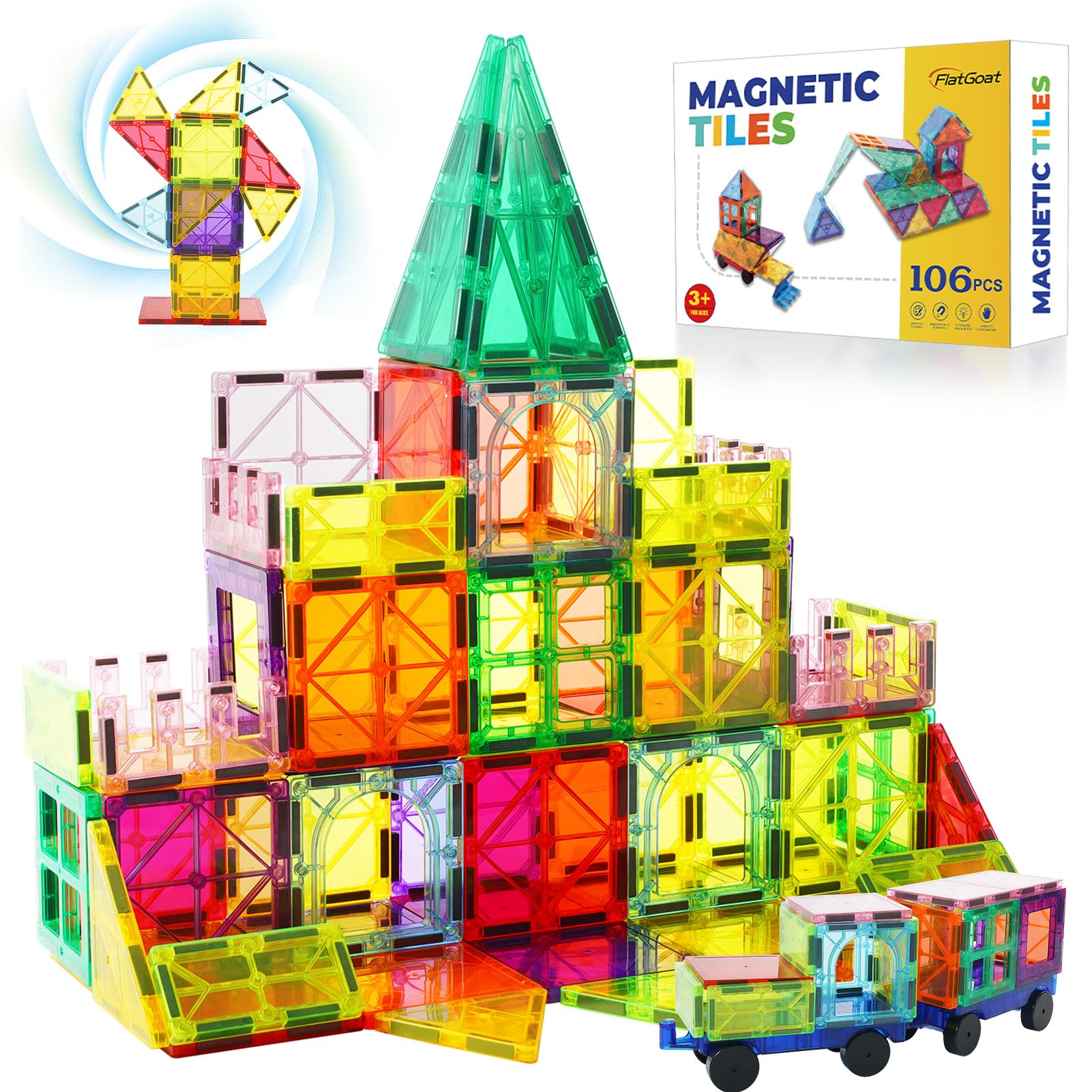 Magnetic Tiles 106 Piece Set, Magnet Building Blocks for Kids Toddlers, STEM Construction Toys with Gift Box for Ages 3 4 5 6 7 8+ Year Old Boys Girls