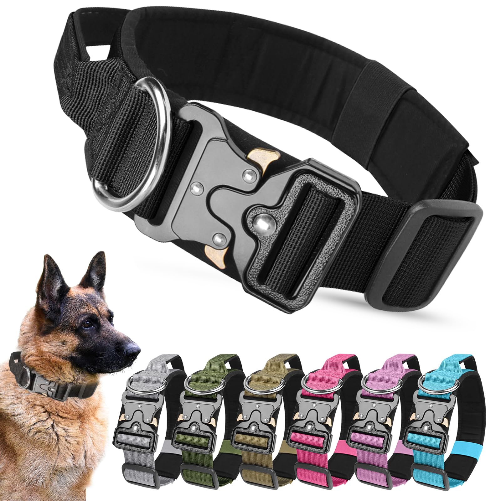 AKOFIC Tactical Dog Collar, Heavy Duty Wide Dog Collar with Handle and Soft Padded