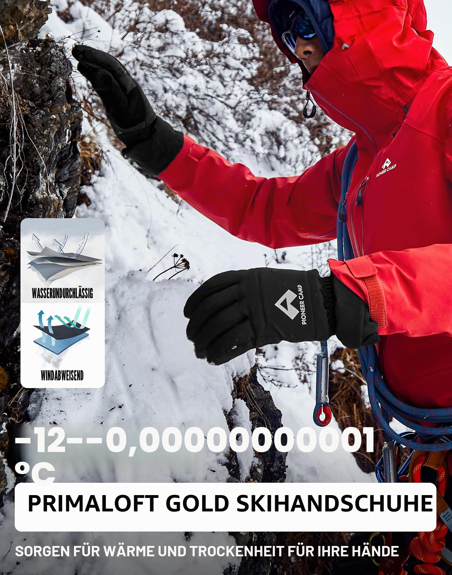 Pioneer Camp Skihandschuhe Primaloft® Gold Isolierung Warme Herren Damen, HIPORA® Wasserdicht Winterhandschuhe Touchscreen Dicke Thermische Wicking Insert, Laufen Skifahren Wandern Radfahren