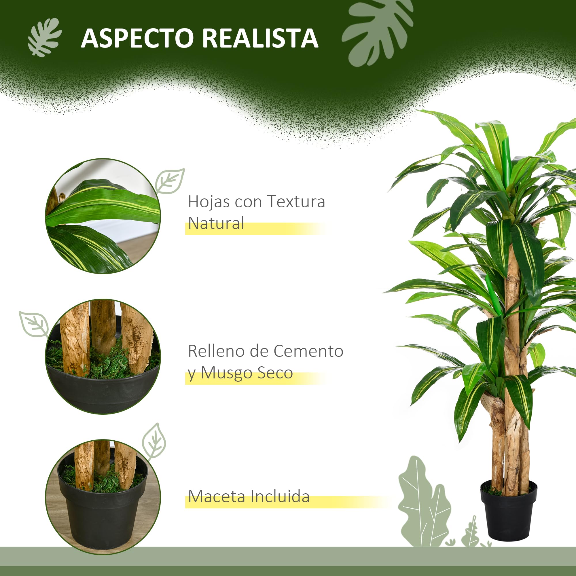Outsunny Dracaena artificiel 160cm en pot 66 feuilles Ø20x160cm Vert