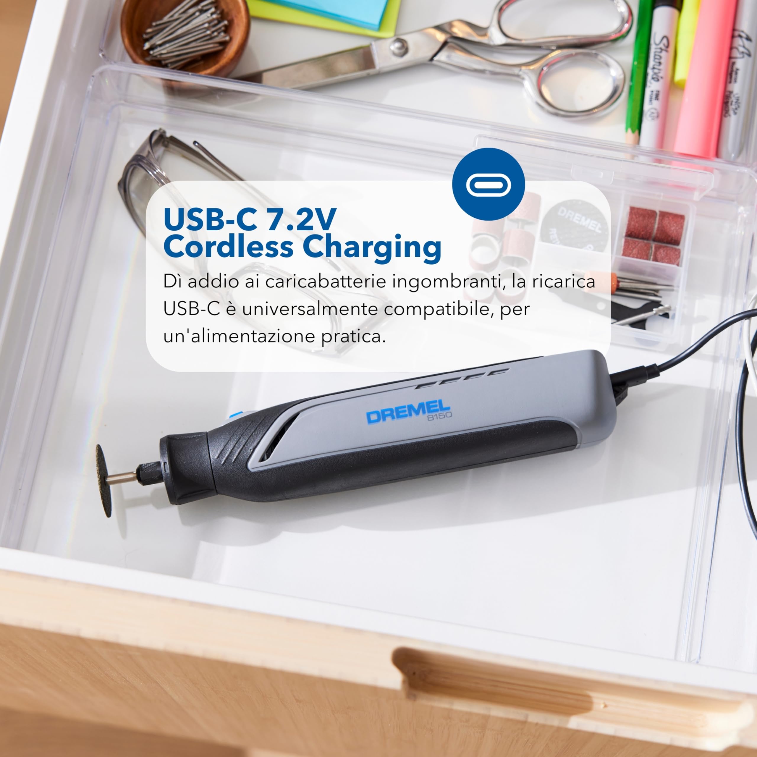 Dremel 8150 Kit utensile rotativo brushless a batteria ricaricabile tramite USB-C da 7,2 V 2Ah, 20 accessori, velocità variabile da 5.000 a 30.000 giri/min, taglio, levigatura, intaglio, smerigliatura
