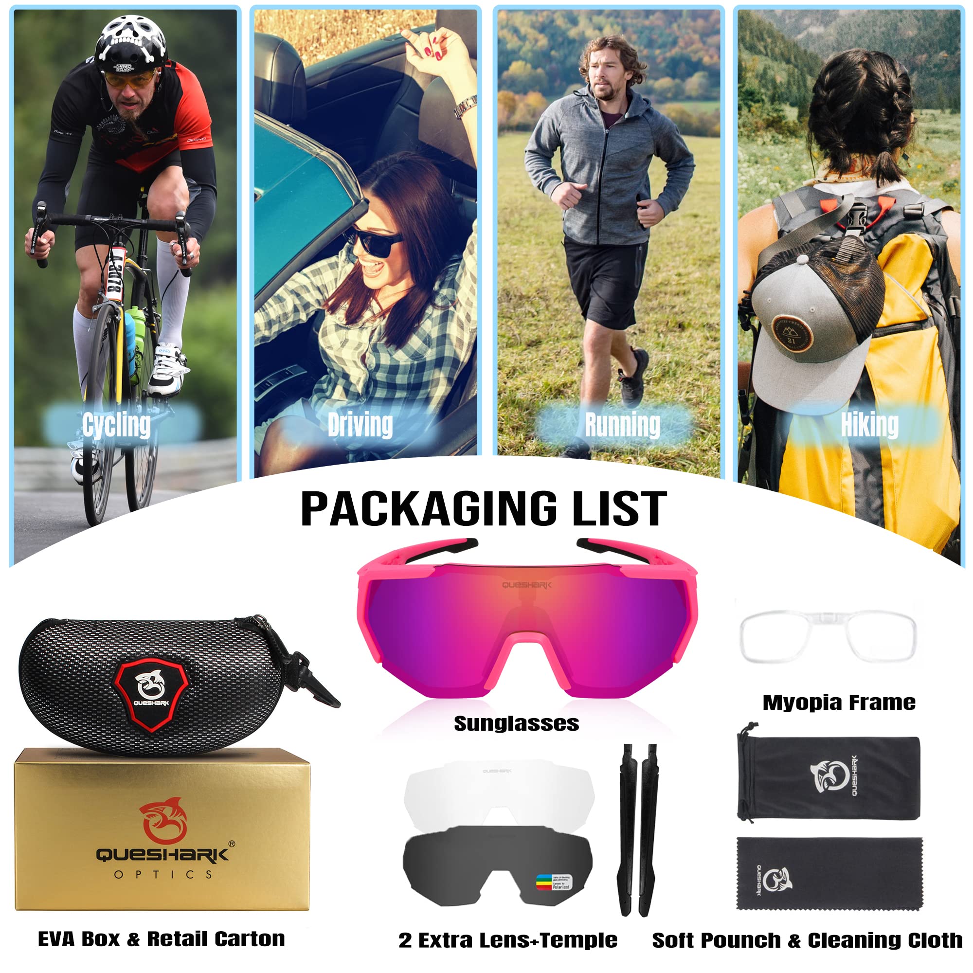 Queshark Polarizzati Anti-UV Occhiali da Ciclismo Bici MTB Intercambiabili per Sport Uomo Donna Guida Pesca Golf Baseball Corsa