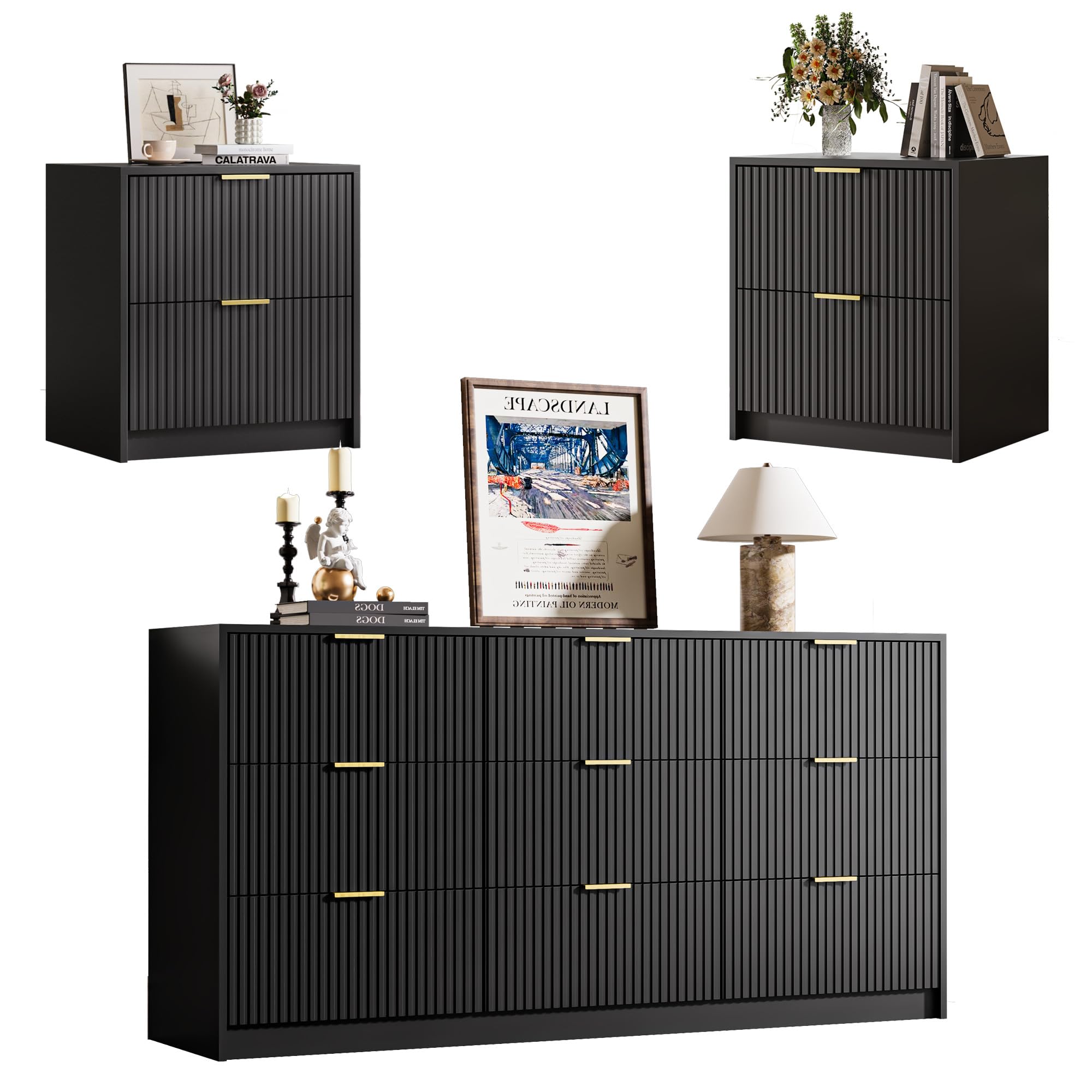 MAISONARIA 3-Piece Dresser Bedroom Set, 9 Drawer Dresser & 2 Drawer Nightstands with Gold Handles, Fluted Wood Chest of Drawers for Bedroom, Living