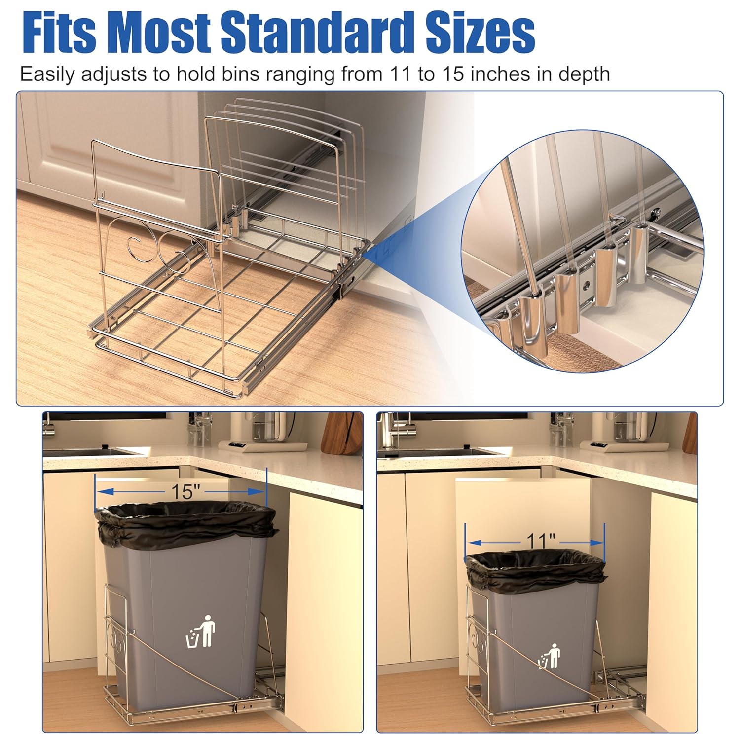 Pull Out Trash Can Under Cabinet, Adjustable Cabinet Trash Can Pull Out Kit Under Sink Slide Out Shelf(Bin Not Included), Fits Min. 12" Opening Cabinet