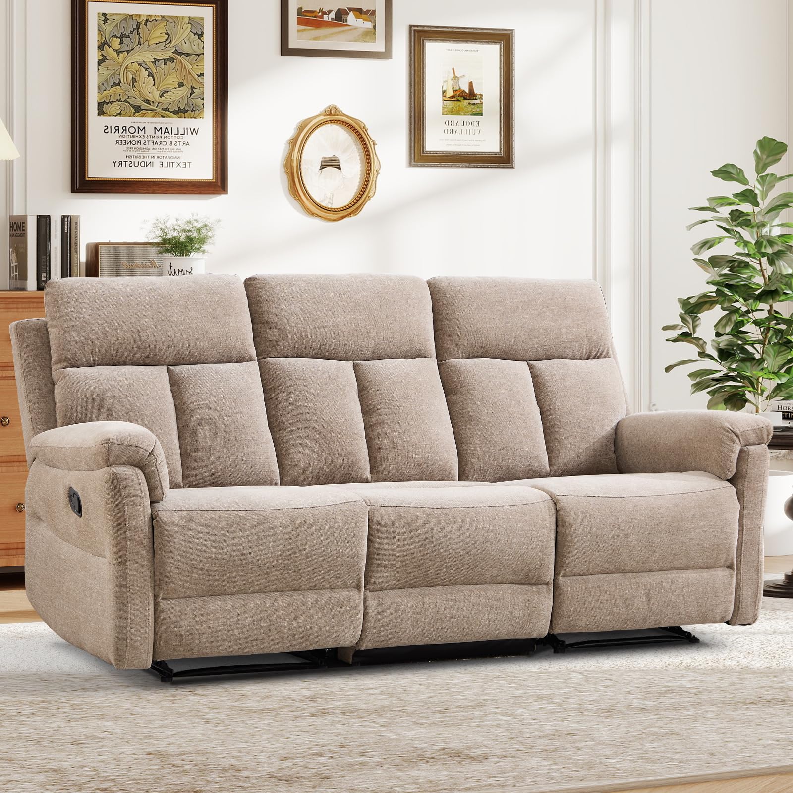 ANJ Manual Reclining Sofa, 3-Seat Recliner Couch with Padded Arms and Supportive Backrest, Comfortable Fabric Reclining Sofas for Living Room, Camel