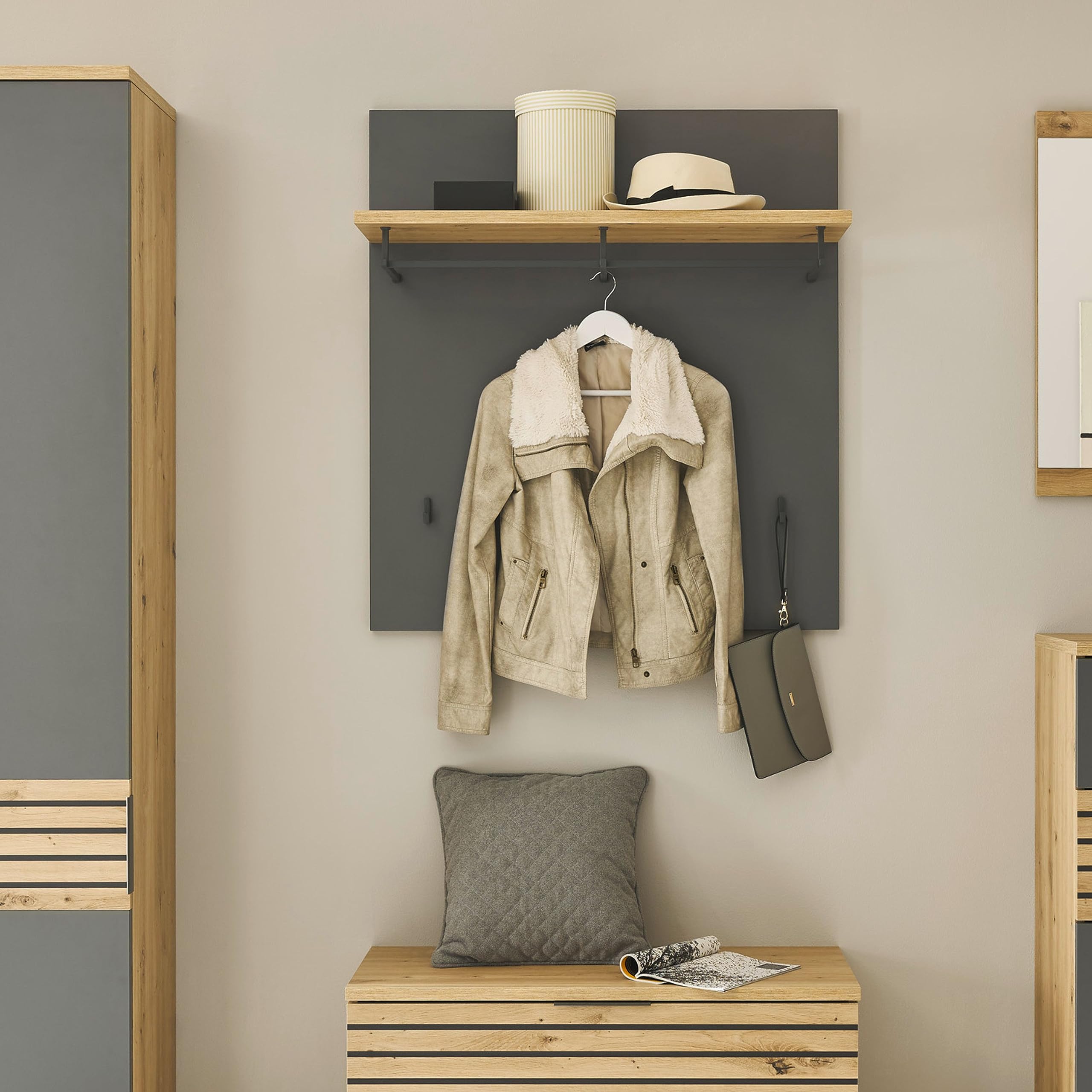 Stella Trading Milan Pannello Appendiabiti Da Parete, Grigio Con Ripiano Effetto Rovere, 85x95x27 Cm