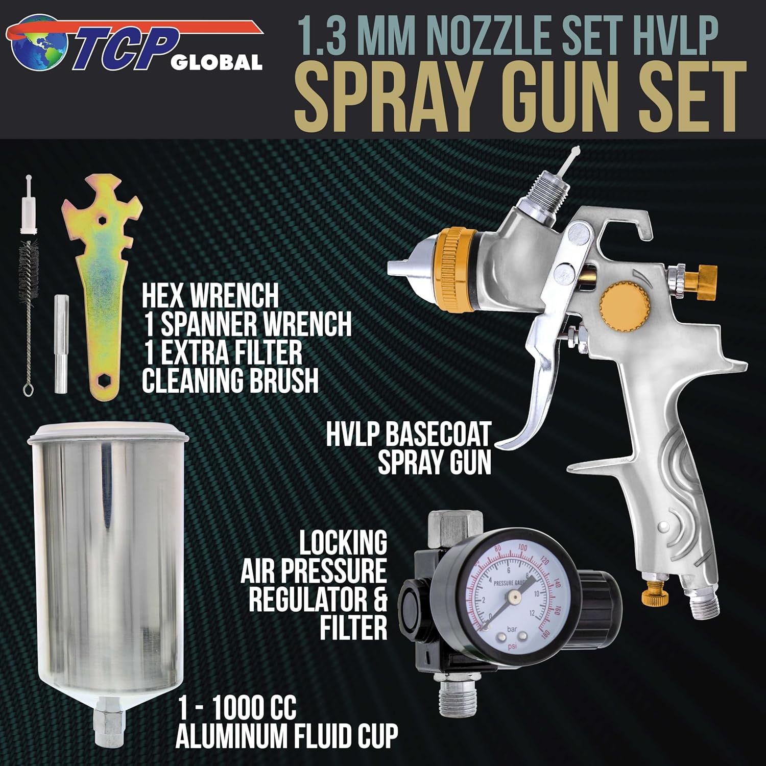TCP Global® Brand Professional 1.3mm HVLP Spray Gun-gravity Feed-auto Paint Basecoat Clearcoat with Air Regulator (G6600-13)