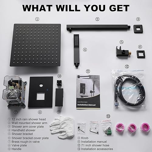 Miniatura 36 de Sistema de ducha con boquilla de bañera, juego de grifo de ducha con cabezal de ducha de lluvia de 12 pulgadas, ducha de mano y boquilla de bañera