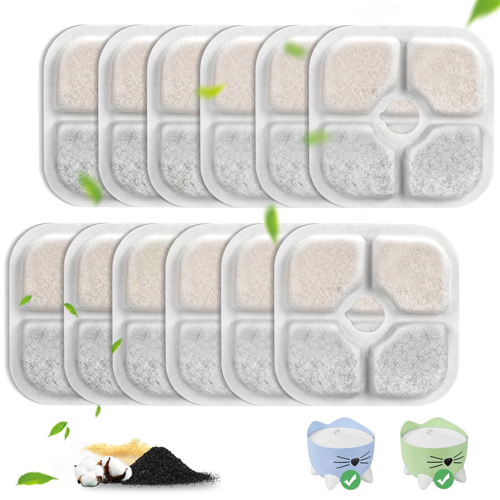 VinDox 12 filtros de Repuesto para Fuentes de Agua, Filtro de Fuente de Gato con Resina activada por Carbono Tres Capas Sistema de filtración para Fuente de Agua Gato