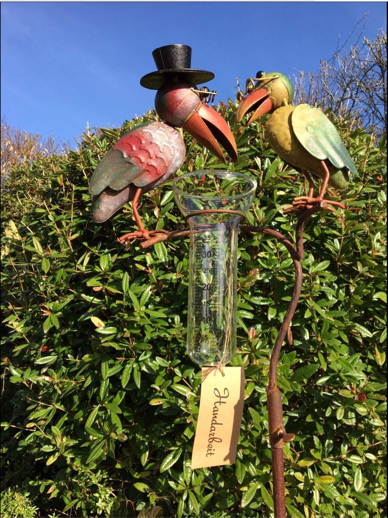 Superbe Pluviomètre à Piquer Tuteur Plante Décoration de Jardin Motif Corbeaux en Acier Patiné et Tube en Verre 12x30x140cm