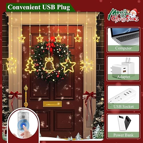 Miniatura 3 de Brightever Luces LED de cortina, 10 pies, 120 luces LED de Navidad para ventana con control remoto y enchufe USB, 8 modos de iluminación y tira de