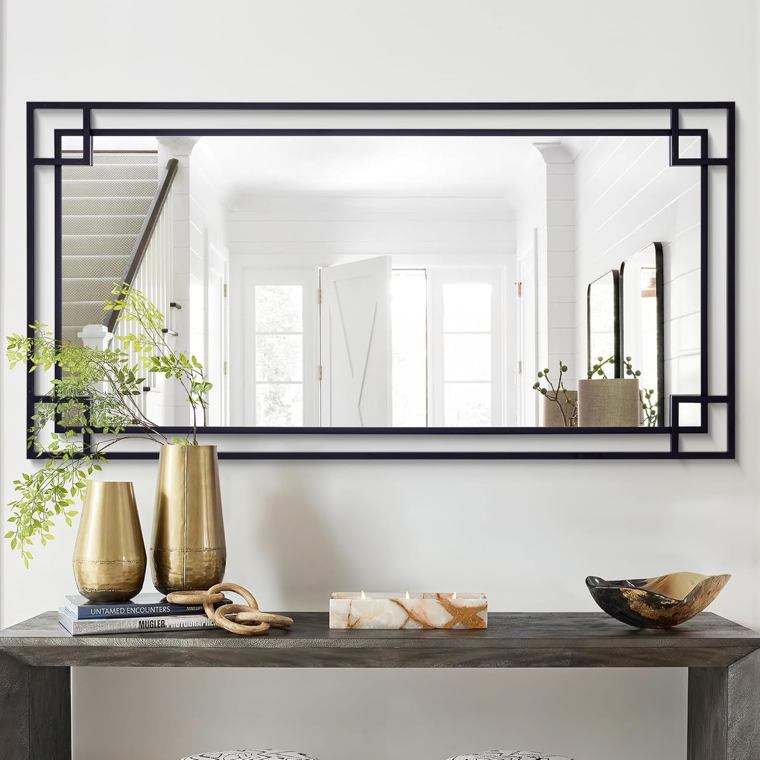 Chende 24''x47'' Large Living Room Mirror for Wall with Metal Frame, Modern Rectangular Black Mirror for Bathroom, Fireplace, Sofa, Horizontal/Vertical Hanging