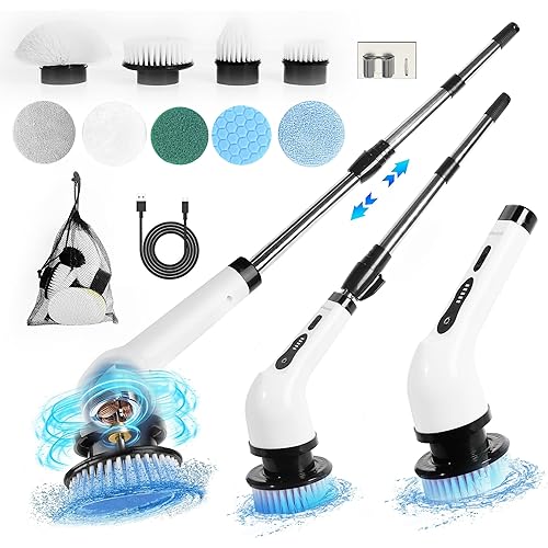 Electric Spin Scrubber, Cordless Cleaning Brush with Adjustable & Detachable Handle 9 Replaceable Brush Heads，1.5H Dual Speed Power Shower Scrubber for Bathroom，Kitchen，Tub，Tile，Floor，Car