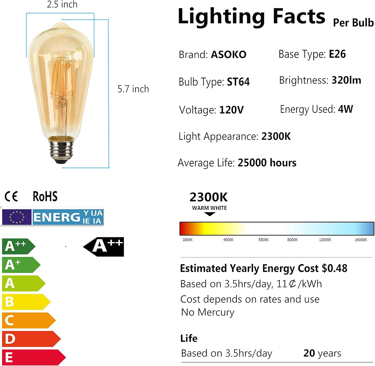 LED Dimmable Edison Light Bulbs 4W, 2200K-2400K Warm White (Amber Glass) ST64, E26 Base Pack of 6