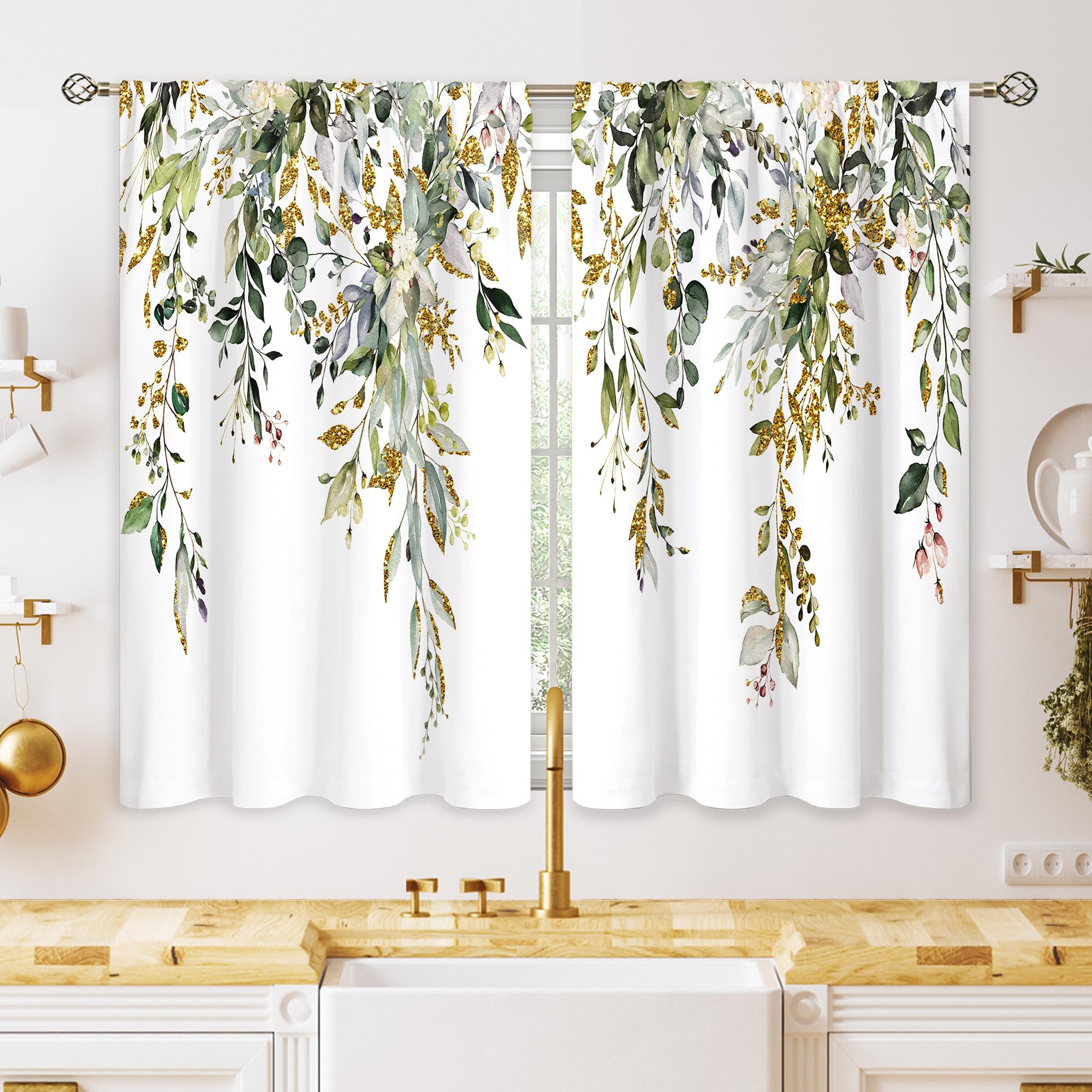 Oolygoo Eucalyptus Botanical Leaves Green Gold Floral Kitchen Window Curtains over Sink Farmhouse Flower Leaf Small Window Treatment Cafe Short