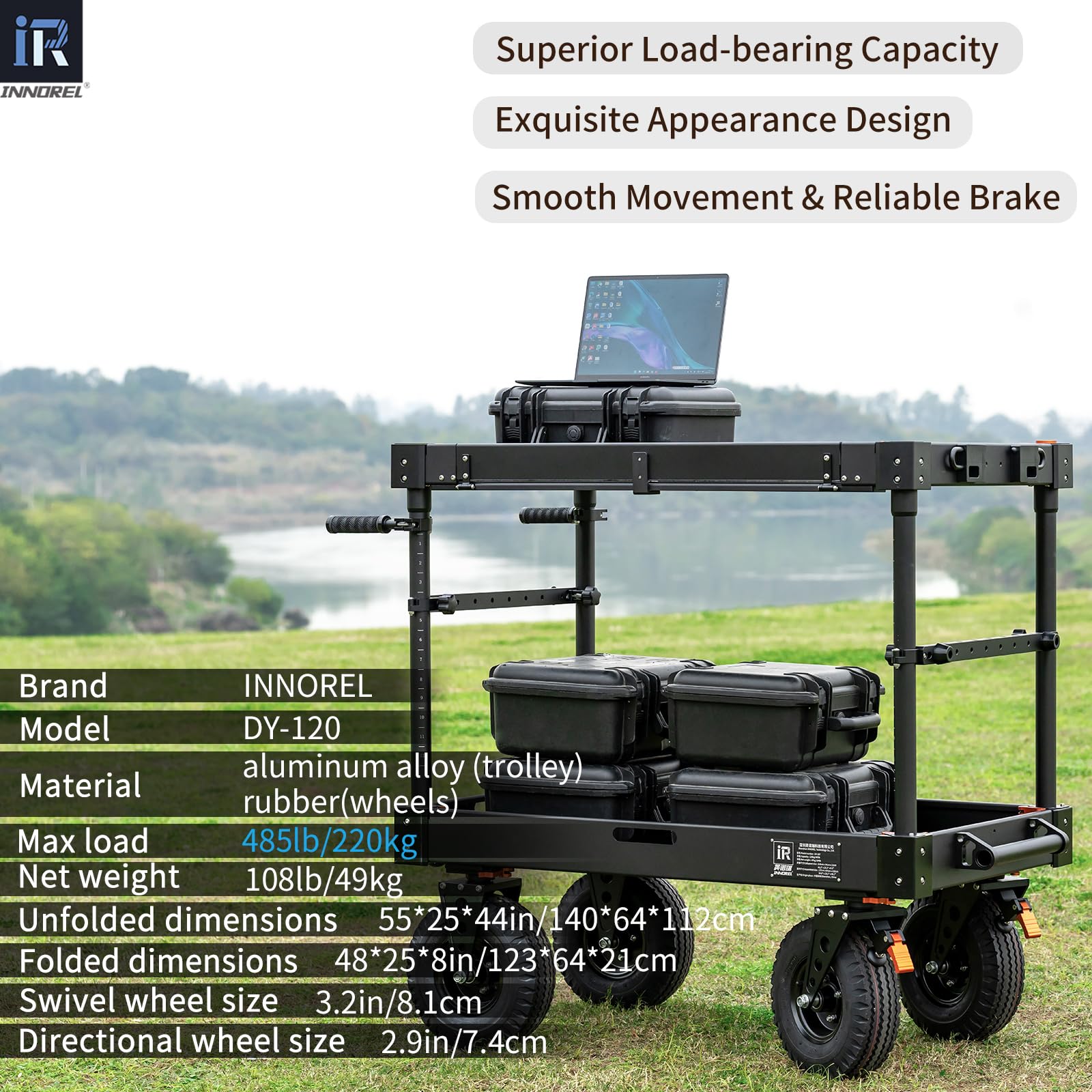 INNOREL DY-120 Carrello per la produzione di video per fotografi, videomaker e filmmaker. Carico utile 220 kg. Carrello portaoggetti DIT/suono/illuminazione. Si ripiega fino a una custodia