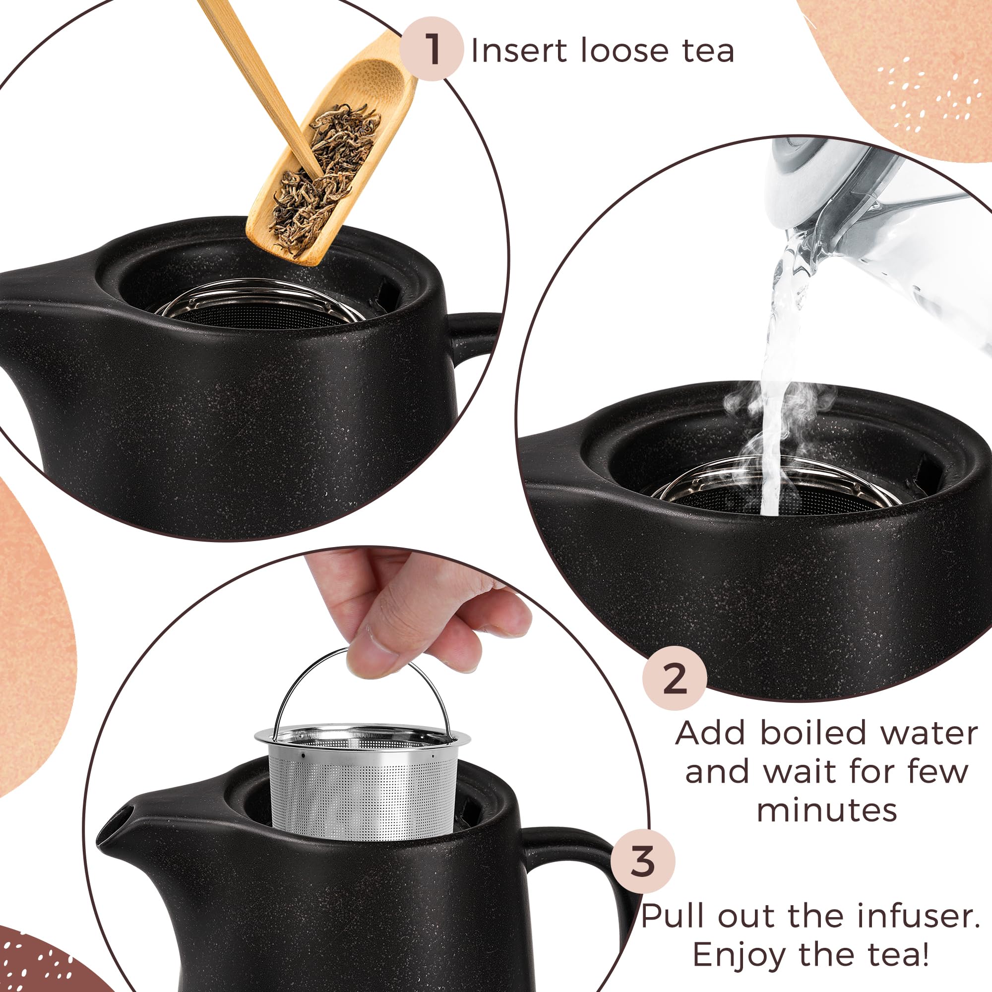 Tetera de cerámica con infusor – Tetera grande de 40 onzas con colador – Tetera de cerámica para té suelto – Tetera de cerámica para té