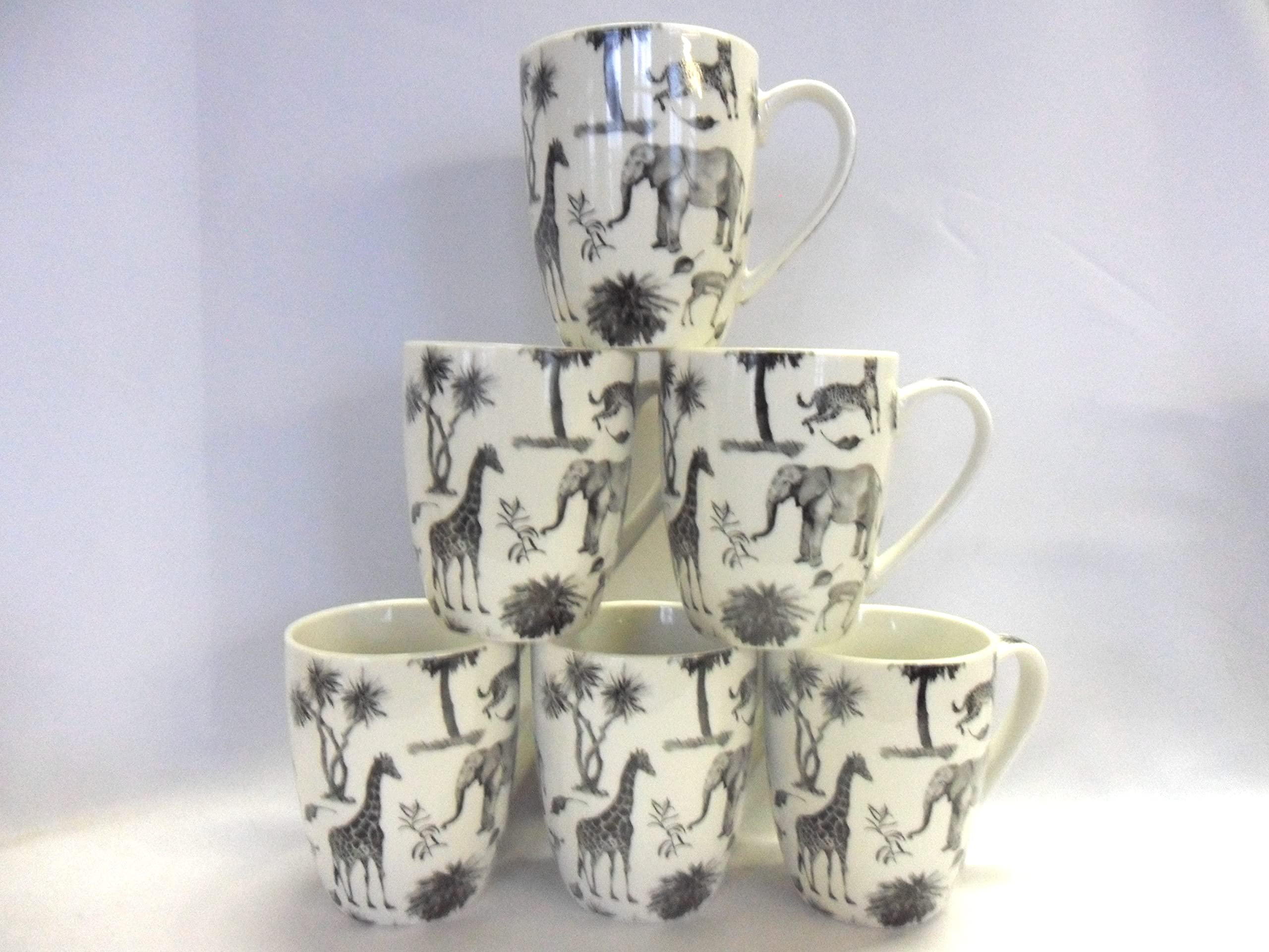 Heron Cross Pottery "Abbeydale Collection" Black Set Of 6 China Aspen Mugs In Safari Design