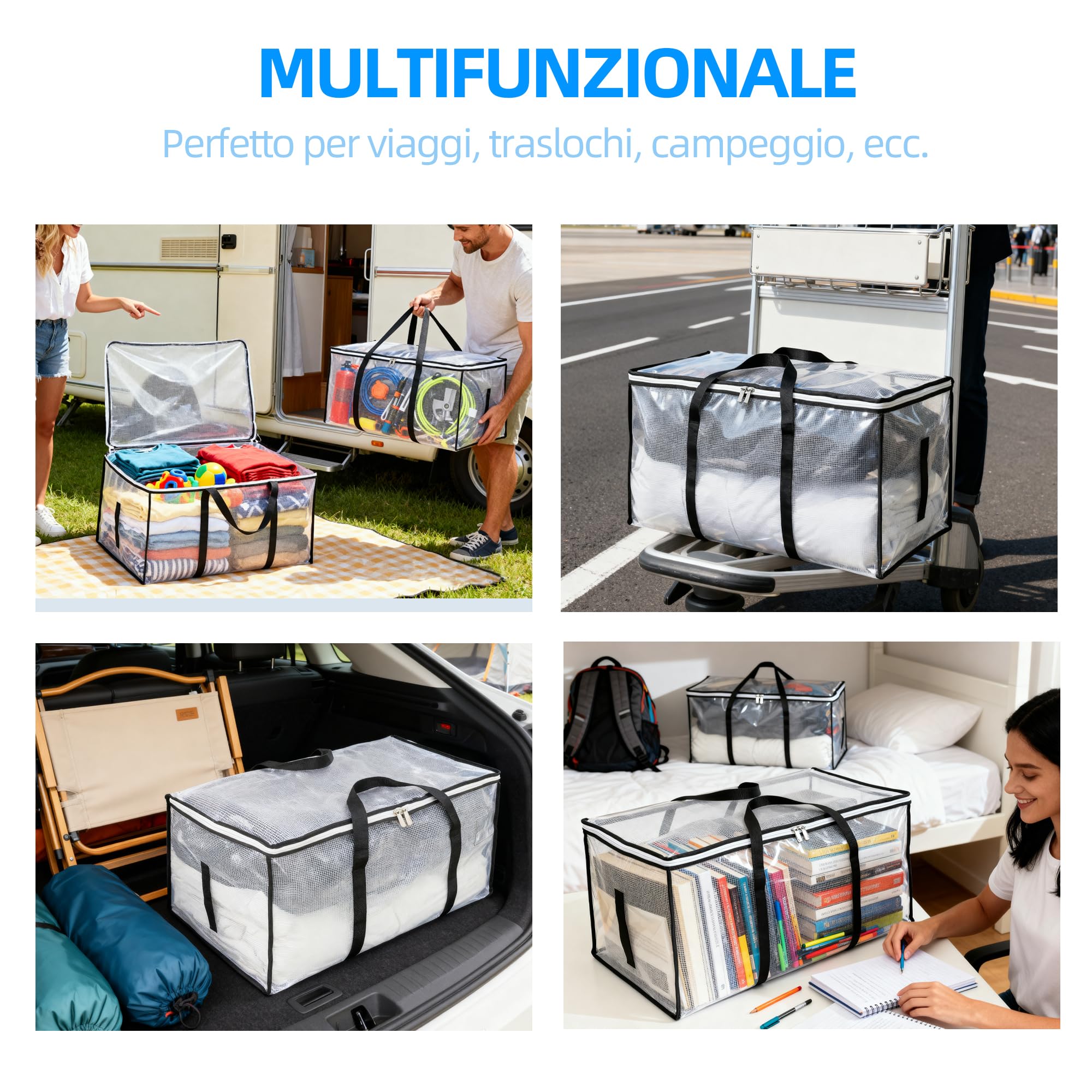 6 Pezzi Borse Trasloco 88L, Contenitori Pieghevoli Trasparenti in PVC Rinforzato 135 g/m², per Vestiti Piumoni Biancheria, Maniglie Rinforzate, Doppia Cerniera in Metallo
