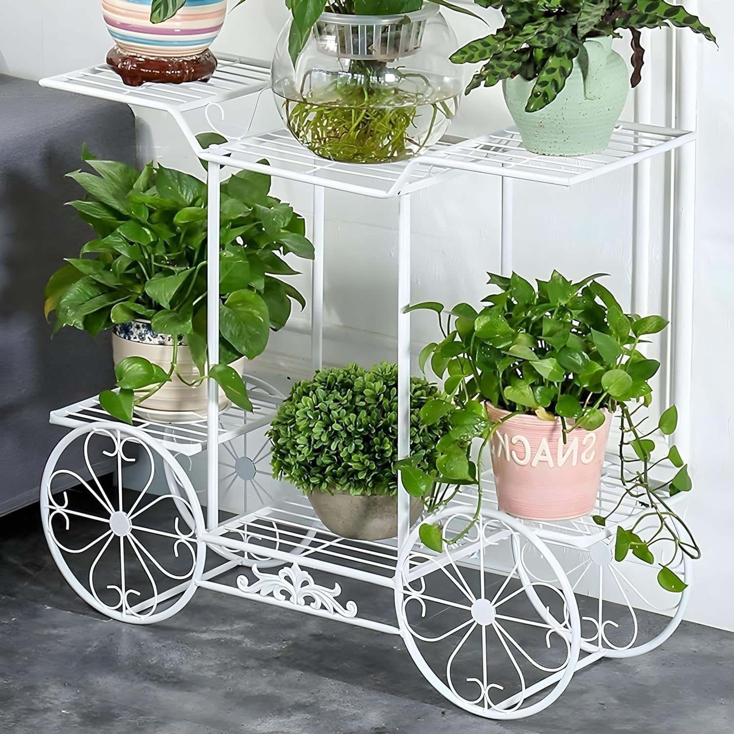 TechFusion Art: Wheel Planter 6 Tier Shelf Plant Stand Metal Flower Pot Rack Stair-Step Style Display Ladder for Garden Balcony Indoor Outdoor 6-Tier Cart Planter Stand 60 x 55 x 20 CM (White) (B0D9PB87ZV) Amazon Price History, Amazon Price Tracker